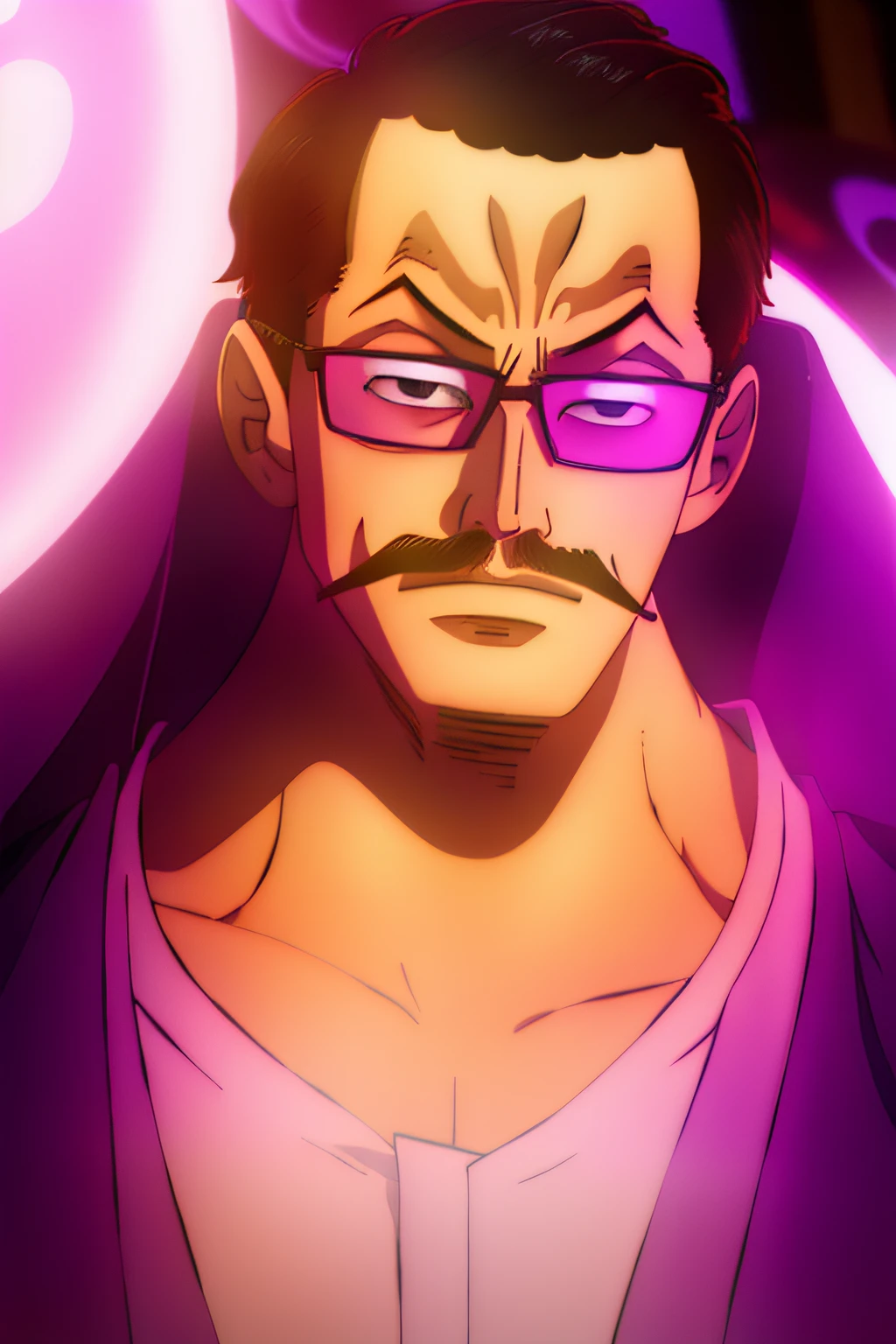 detailed portrait, pale teen guy with a thin tiny mustache looking forward, round glasses, short black hair, dark brown eyes, wearing a purple jacket, soft lighting, low contrast
