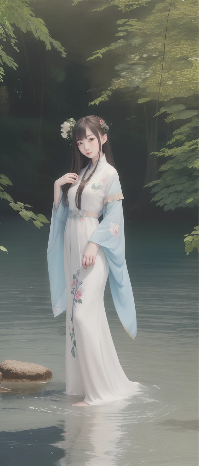 ((4k,masterpiece,best quality)), shuimobysim, Traditional chinese painting, lotuses, Hanfu, maxiskit, Dress conservatively 1girl, solo, blue long hair, ssmile, standing on your feet, Feet in the water, The barefoot,Anklets