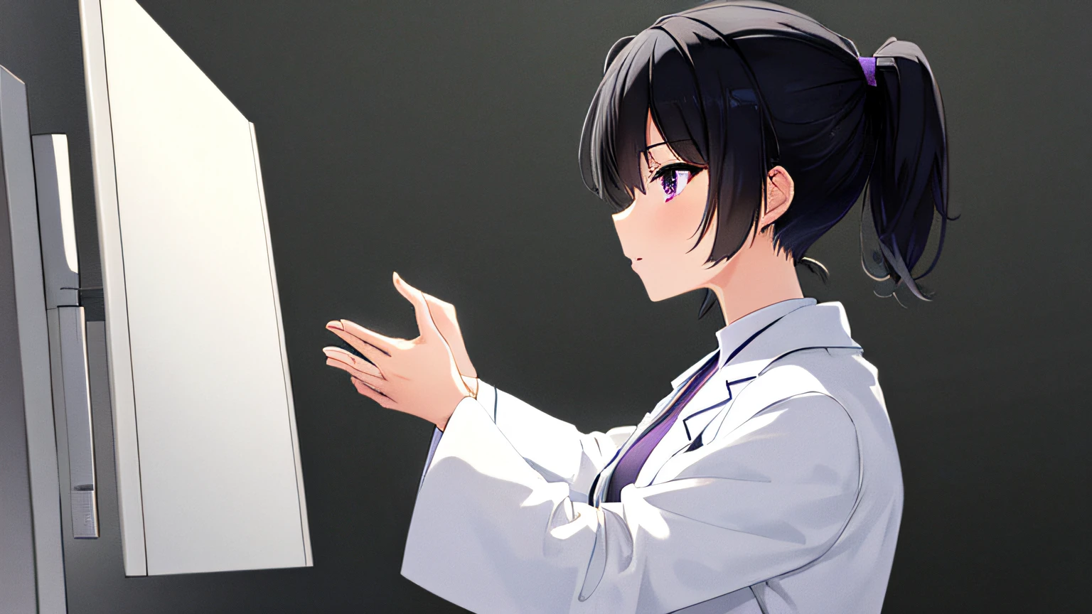 masterpiece, high quality, 8k, beautiful lighting, doga kobo, anime scene, profile, 1girl, hashimoto_mai, black hair, very short ponytail hair, small to medium breast, purple eyes, white pharmacist coat, looking at viewer, eye contact, omeprazole