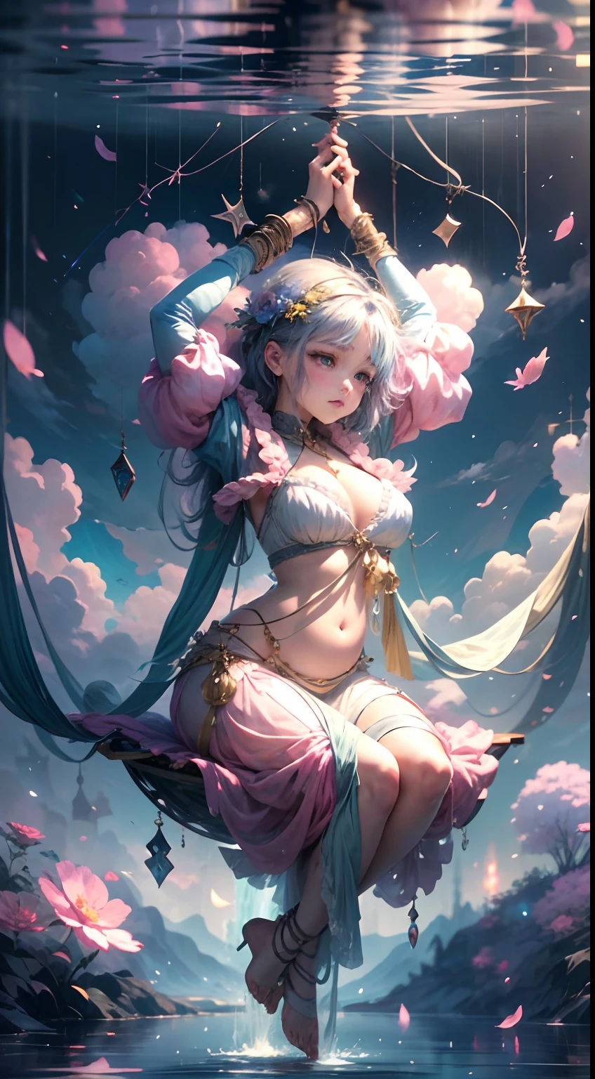 Envision a mesmerizing scene where a woman is suspended by her belly, delicately tied with ornate ropes, in a dreamlike realm of floating islands and colorful skies. The environment is filled with fluffy clouds, waterfalls cascading from the floating islands, and a vibrant, surreal atmosphere. The woman's expression exudes a sense of peace and serenity as she hangs weightlessly in the air. The atmosphere is filled with a sense of wonder and tranquility. ((Include many shades of pink in the artwork's details and background.)) This scene will be depicted in an anime-style illustration, with soft lines, pastel colors, and a whimsical touch. The artwork will capture the ethereal beauty and tranquility of the dreamlike realm, creating a sense of harmony and escape from the ordinary world.