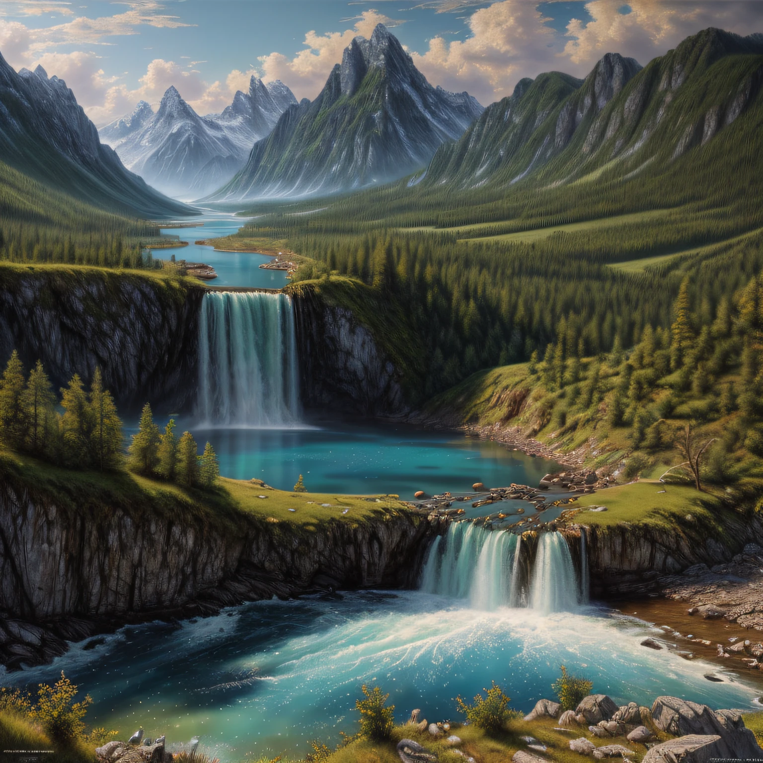 paysage,Eau cristalline, (Highly detailed CG Unit 8k wallpaper), The most beautiful work of art in the world, Professional majestic oil painting, complexe, High detail, mise au point nette, dramatique, Art of photorealist painting,