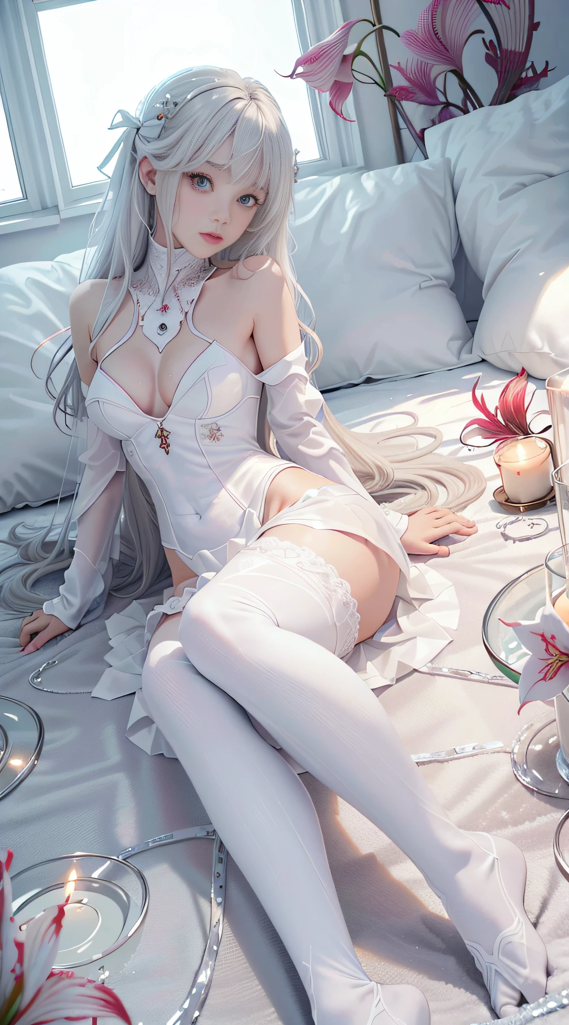 realisticlying，（tmasterpiece，top Quority，best qualtiy，offcial art，Beauty and aesthetics：1.2），The is very detailed，s fractal art，Colorful，Most detailed，zentangle，（abstract backgrounds：1.5）（1girll：1.3），Kamimei，White color hair，（luminous red eyes），mistic，(magia)，Ice and snow，((amaryllis))，Hades，hell