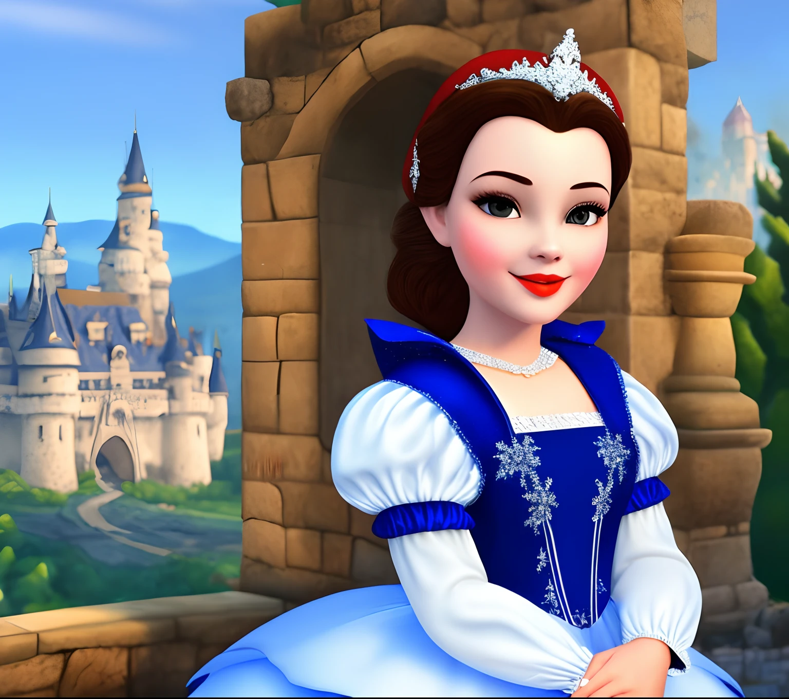 Uma mulher bonita vestida de Branca de Neve, She has the facial expression of hatred, She's wearing a blue and white dress, She holds a rotten apple in her hand, Estilo de arte digital hiper-realista, A burning castle is in the background of the image