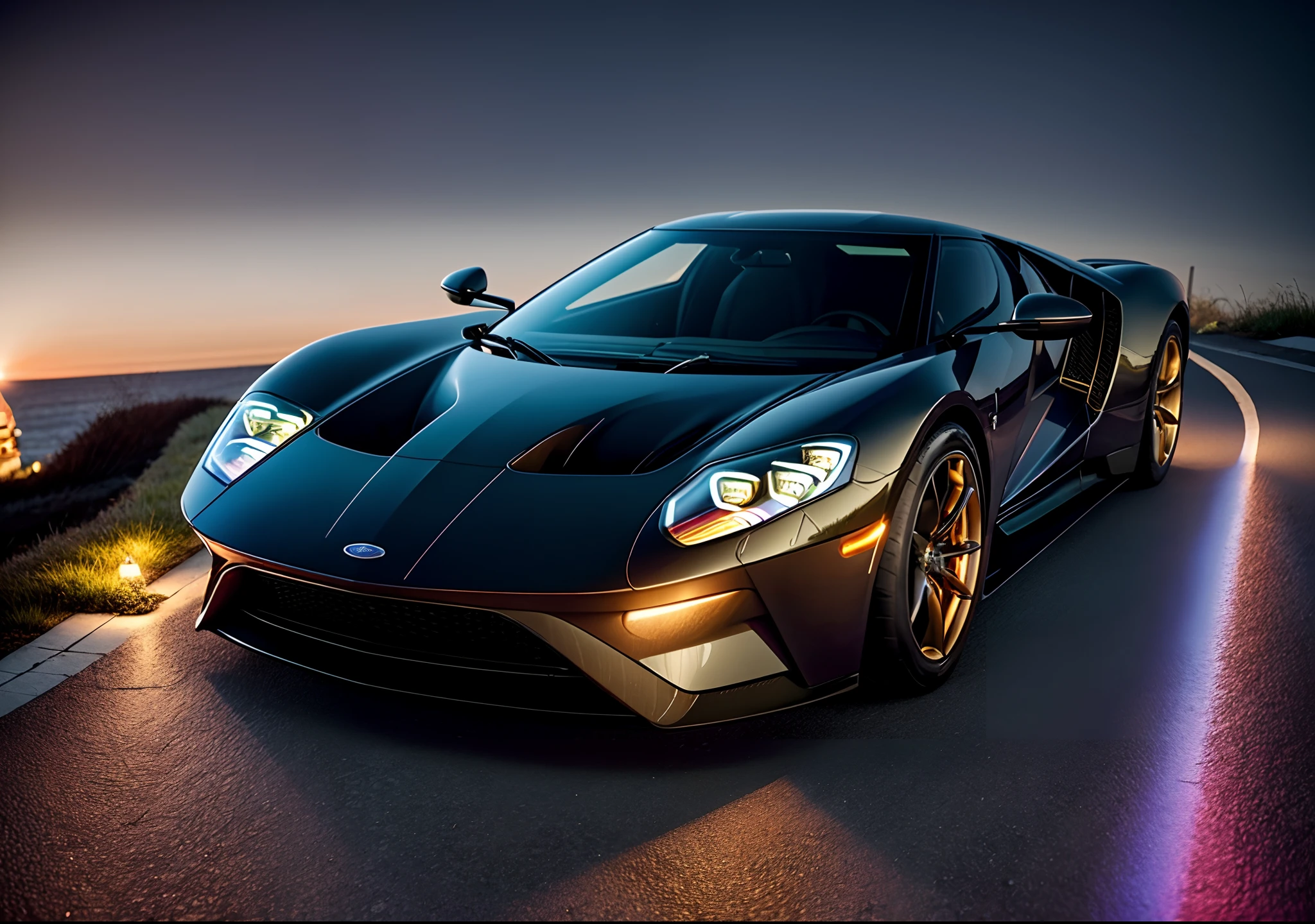 perfect masterpiece photo, very dynamic close shot of CAR:[Ford GT]:1.5  [A car sitting on a glowing, neon-lit road that seems to stretch on forever.] in place of A coastal lighthouse with stunning views of the ocean in the moment of Autumn: Golden leaves falling from trees, creating a colorful carpet on the ground. The crisp air carries the scent of wood smoke from fireplaces, and the low sun casts long shadows across the landscape. cinematic lighting of A dark and shadowy alleyway illuminated by a flickering streetlamp., 8K, HQ, Highly detailed, ultra realistic, hyper-realistic with dominance of Taupe: A warm, grayish-brown color that is sophisticated and refined. photo is made with Sigma 50mm f/1.4 DG HSM Art - fast aperture prime lens for low light and shallow depth of field by greg rutkowski,  strange, intricate, showing details, sharpen image