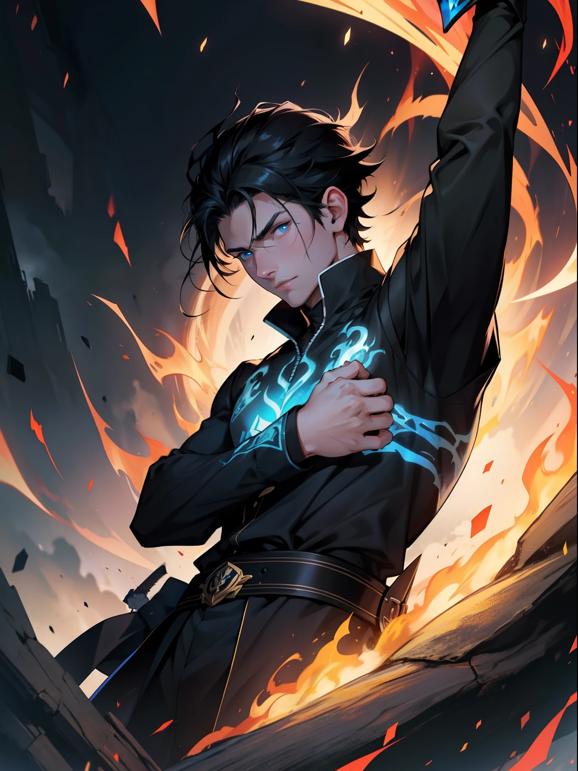 A boy with black hair is with tin blue eyes is in black costume with symbol ¹¹ is hands catching blue fire