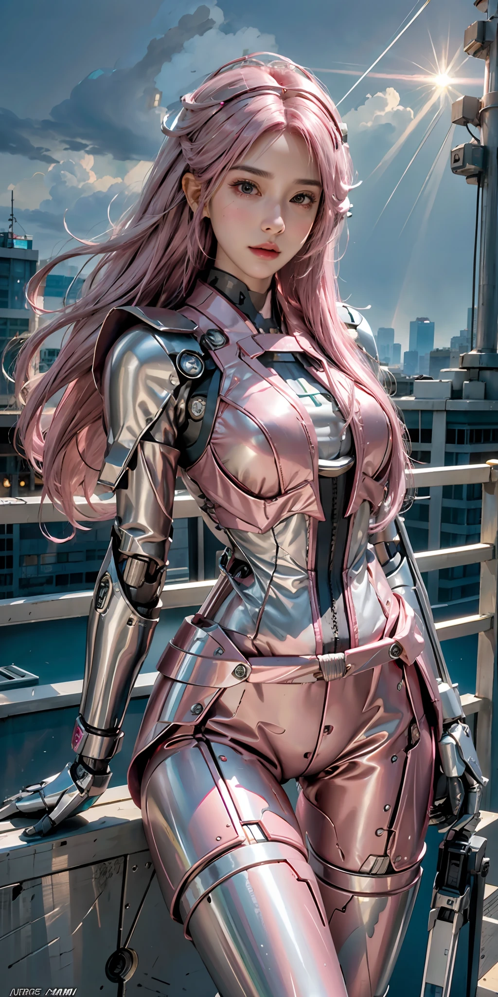 photorealistic, high resolution, soft light,1women, solo, hips up, (detailed face), pink hair, long hair, mecha musume, mechanical parts, robot joints, single mechanical arm, headgear, mechanical halo, star halo, electric mechanical bodysuit, mecha corset, kimono, full armor, city at night