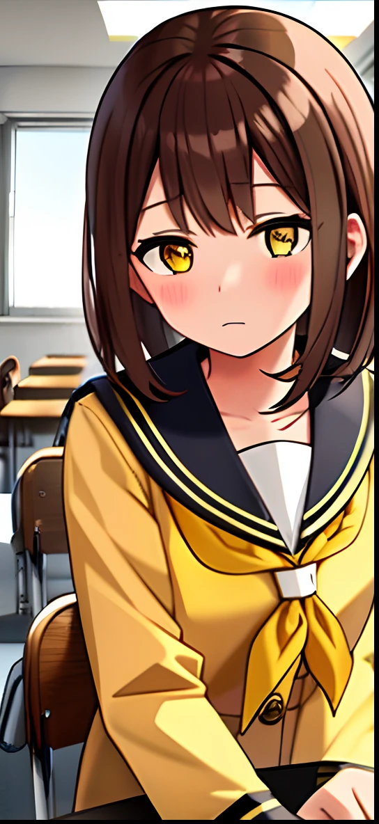 ((Best Quality, Masterpiece)),Brown Hair, Medium Hair, Yellow Eyes, Calm Expression, Blush, Sailor Suit, Girl, Alone, Bust Shot, Cute, Classroom,