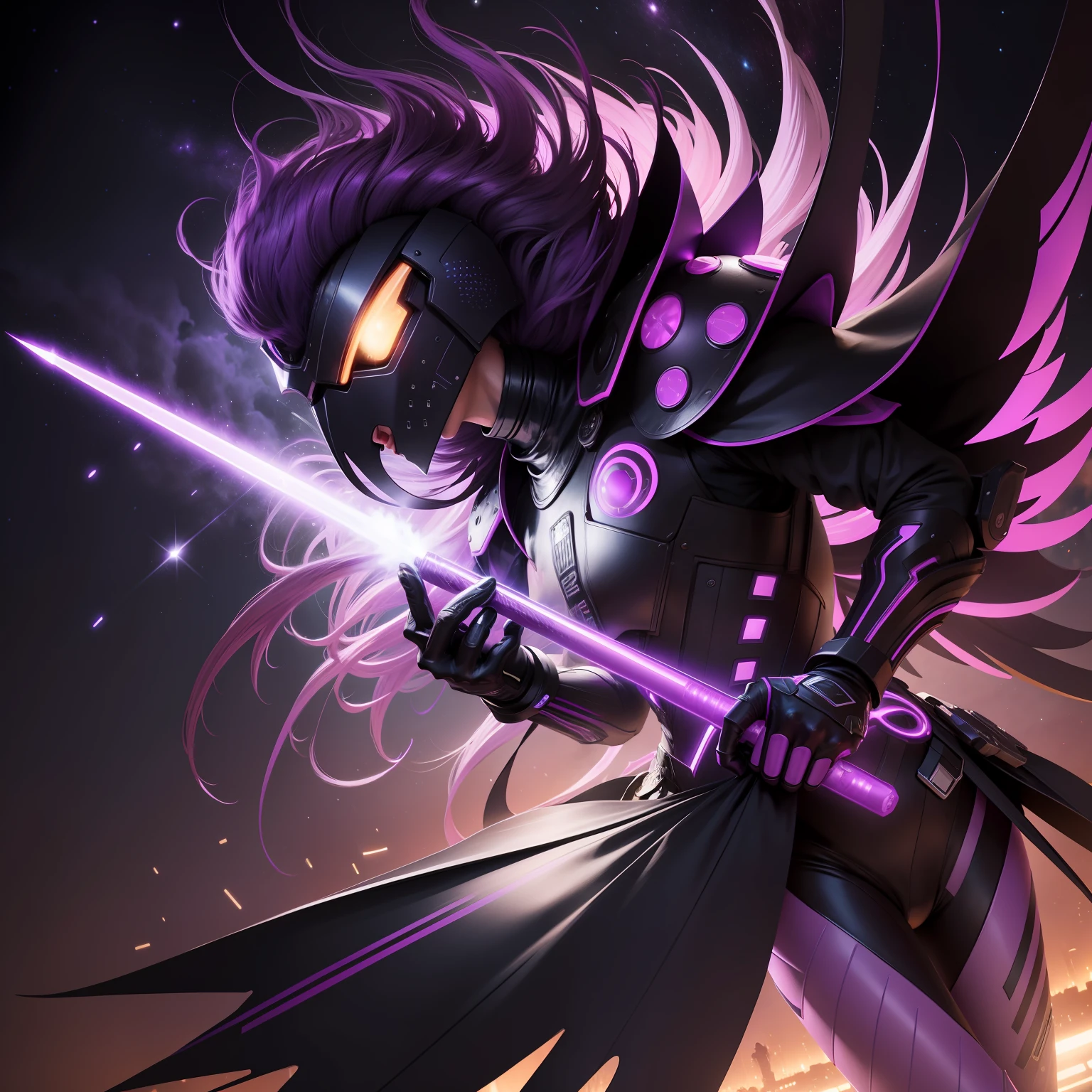 Make Ostrich hybrid purple neon, metade homem,nave espacial, combate,fogo,noite, planetas, staff give gold,scify,Blade Rubner