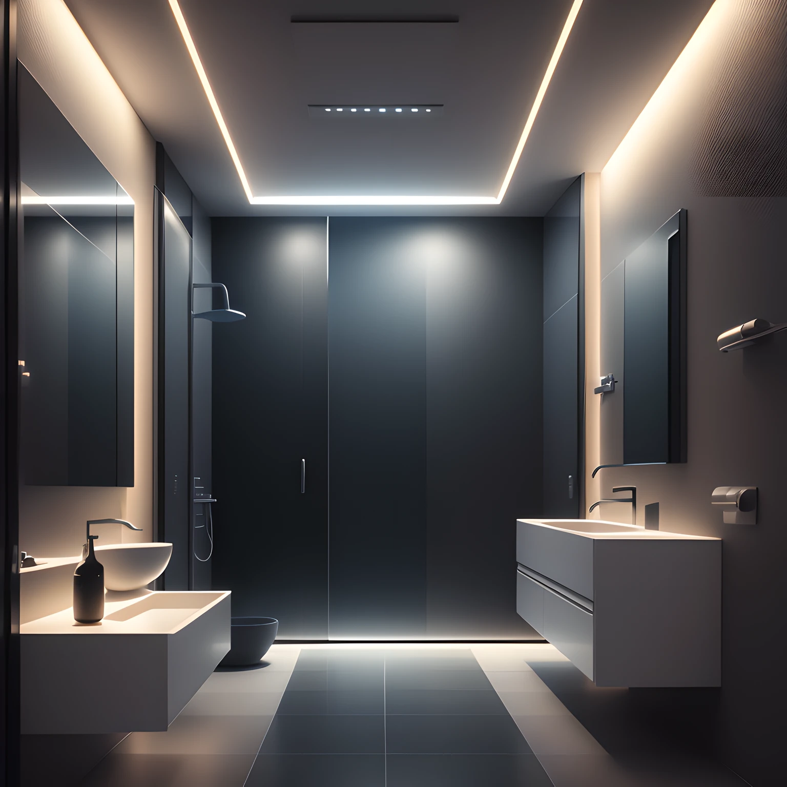 futuristic bathroom interior design, raw photo, cinematic colors, cinematic lighting, night photography, photorealistic, highly detailed, UHD, HDR, 64K