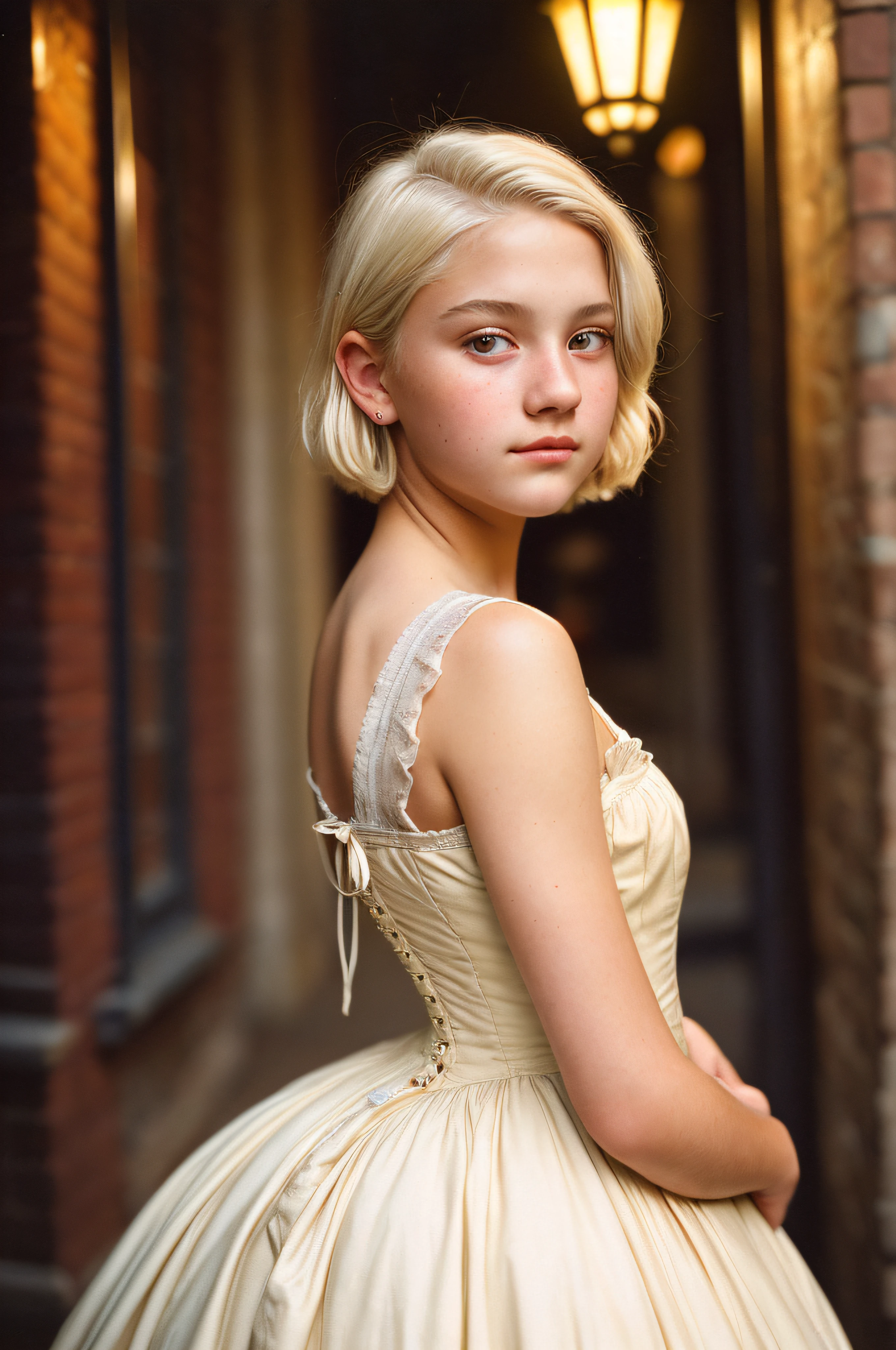 (a closeup of a, Editorial photo of a beautiful -yeld gion a 19th century street in a vintage dress), (Serious:0.5) (Highly detailed face:1.4), ass pov, Nikon D850, film stock photograph ,4 Kodak Portra 400 ,camera f1.6 lens ,saturated colors ,hyper realistic ,lifelike texture, dramatic  lighting , Cinestill 800, 19th-century Victorian style, Evening, Vintage lighting, platinum blonde haircut