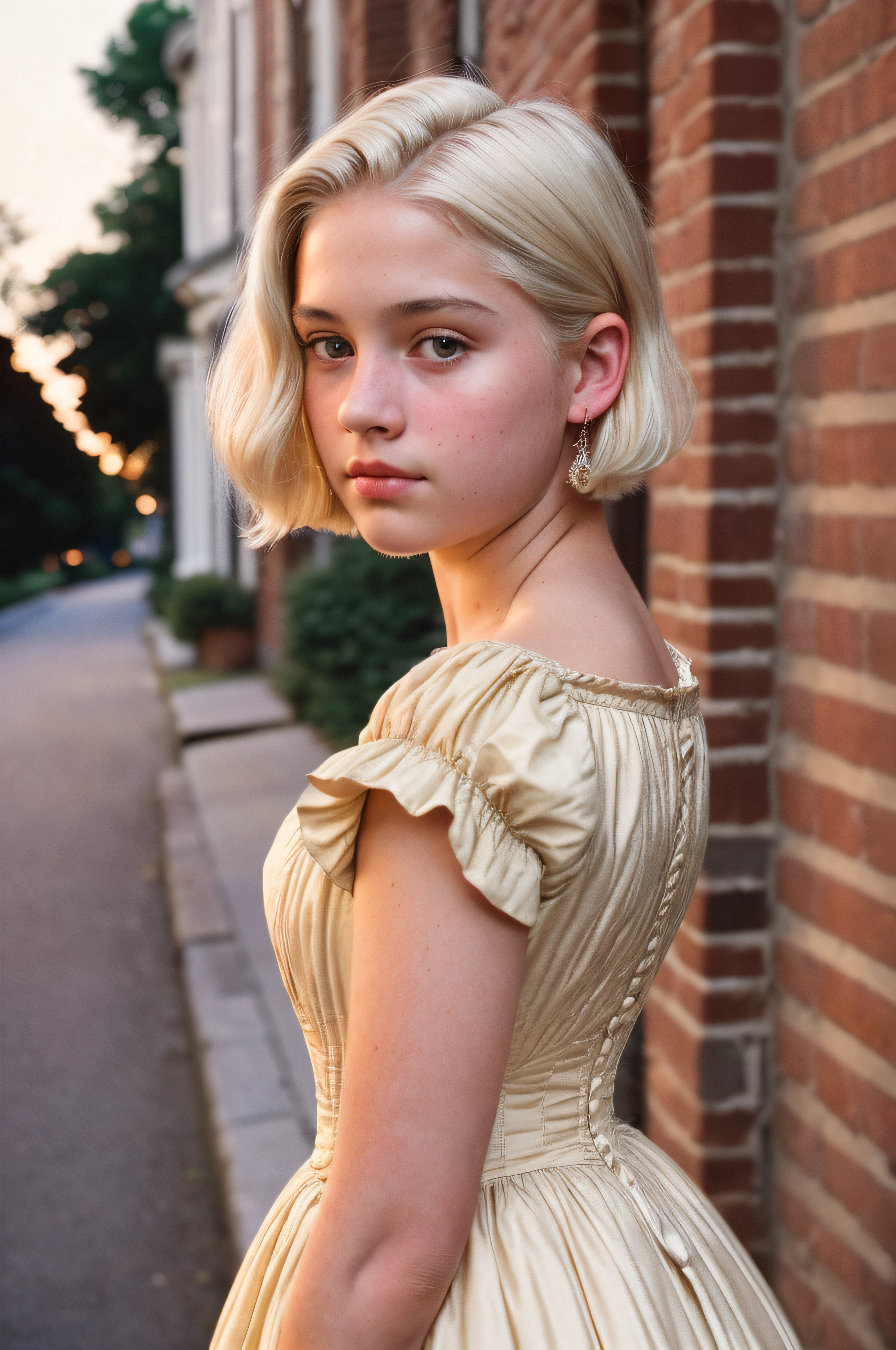 (a closeup of a, Editorial photo of a beautiful 14-year-old girl on a 19th century street in a vintage dress), (Serious:0.5) (Highly detailed face:1.4), ass pov, Nikon D850, film stock photograph ,4 Kodak Portra 400 ,camera f1.6 lens ,saturated colors ,hyper realistic ,lifelike texture, dramatic lighting , Cinestill 800, 19th-century Victorian style, Evening, Vintage lighting, platinum blonde haircut