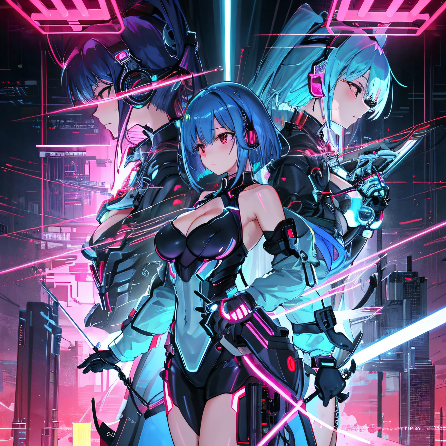 nffsw(HighDynamicRange),Ray traching,PBR Texturing,Anisotropy Filtering,depth of fields、tits out、Cyborg Woman, 独奏, Neon light, cyberpunked、Cyberpunk、cleavage of the breast、Top image quality、Erotic Woman、Muscle exposure、head phone、Music、profile、sideways Facing、Short bob with blue hair、Blue hair、full body Esbian、９Head and body、Raw feet