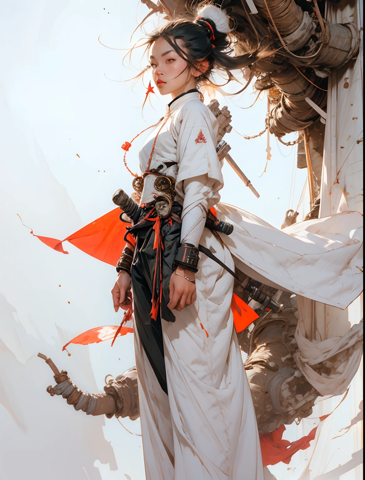 1monk warrior girl with white techwear clothes, white long hair, laces, abstract vintage scifi background, art by Moebius, art by Ashley Wood
