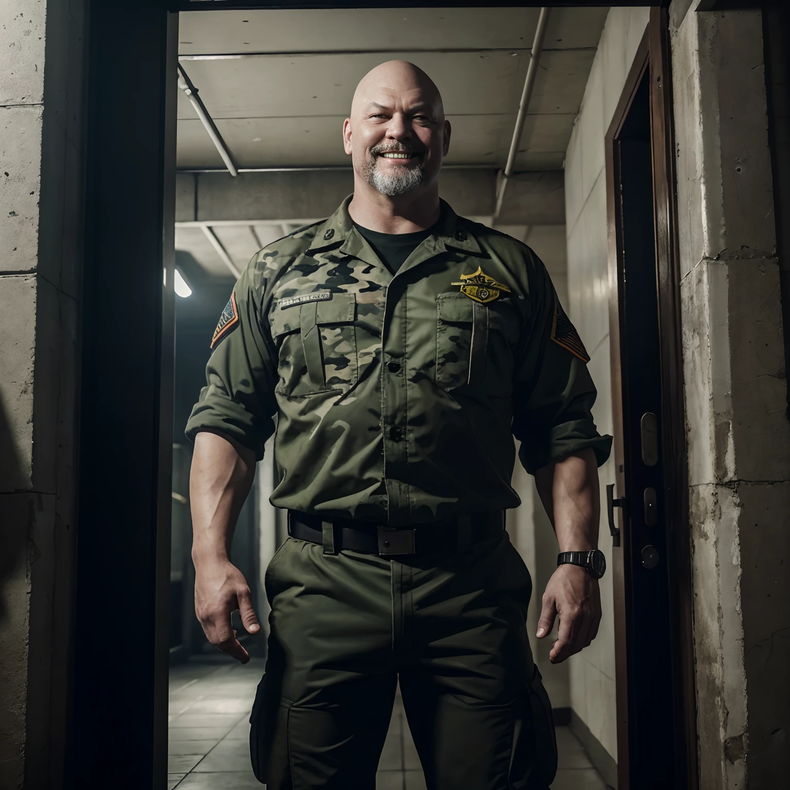 ((8k, RAW, masterpiece:1.4, best quality)), ((masterpiece, best quality)), (photo realistic:1.4), Over vivid depiction, hight resolution, Approaching atmosphere, Light and shadow expression, from below, (1man:1.1), Bam Bam Bigelow, He's standing front of large door in the military base cafeteria, underground, (camouflage uniform:1.1), (evil smile:1.4), resident evil 2 re style