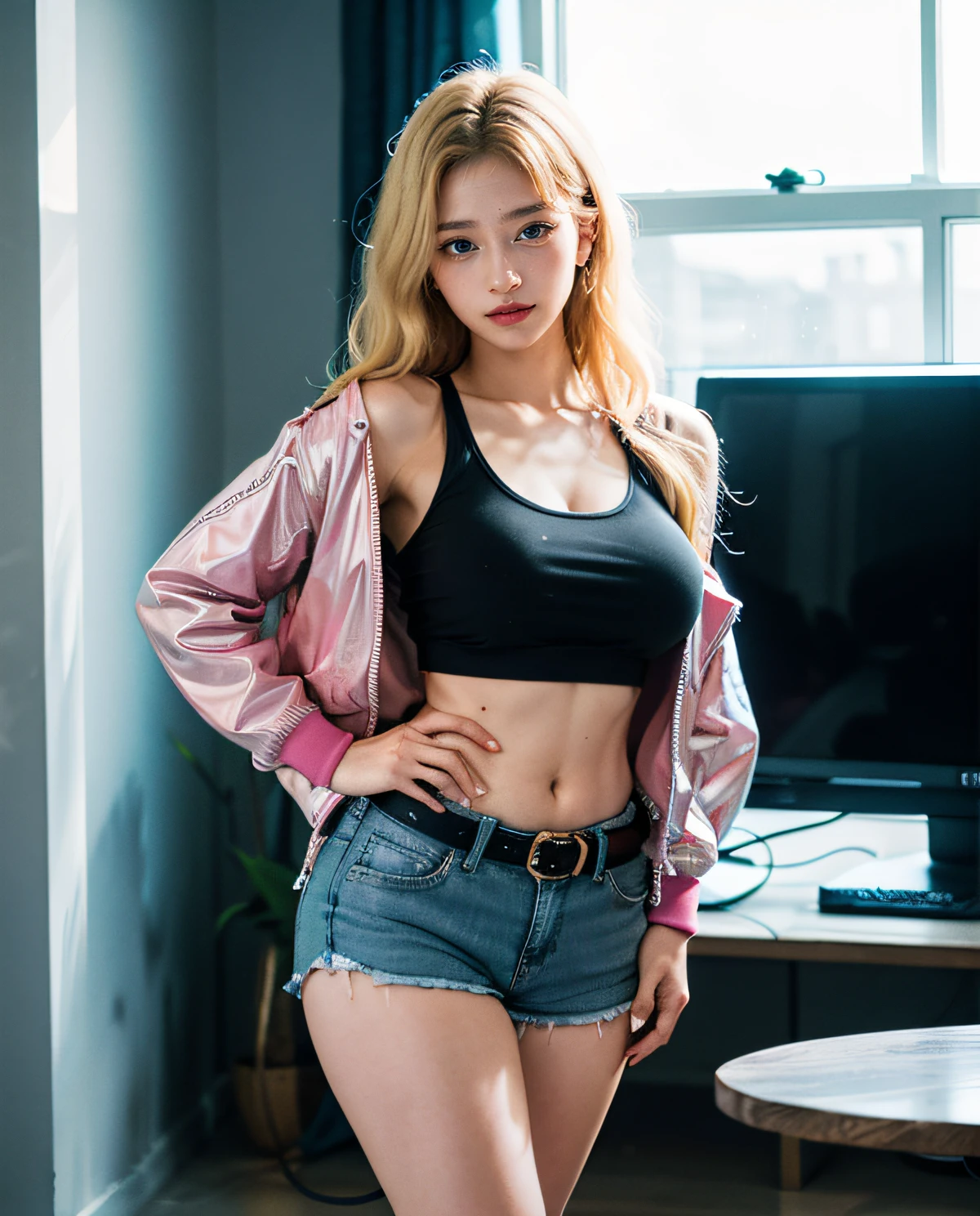 1girl, (Blue Eyes), happy face, ((Sana Minatozaki)), wide hips, Big Boobs, big ass, (Best Quality, 8k, Masterpiece: 1.3)) ) , Clear Focus: 1.2, Perfect Body Beauty : 1.4, Slender Abs: 1.2, Wet Body: 1.5, Highly detailed face and skin texture, detailed eyes, double eyelids, (long blonde hair), (tanktop and [Hot Pink jacket]), (shorts jeans and belt), (sneakers), standing posing for the camera, in a modern living room with neon lights