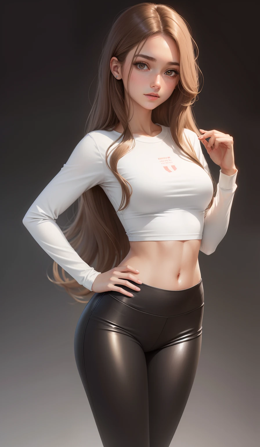a woman wearing casual clothing, ((white long sleeve T-shirt)), ((leggings)) , sports shoes, 17 years old, adult face, shoulder length slightly wavy hair, (( ash brown hair )) and gleaming detailed vibrant golden coloured eyes, slim frame, long legs, beautiful face, medium butt size, small feet size, small hand size, perfect hands, scary face, beautiful face, pretty face, hot woman, British woman, cream skin, small soft pink lips , medium breast size, sharp features, slim hourglass figure, ashen hair, soft features, standing pose