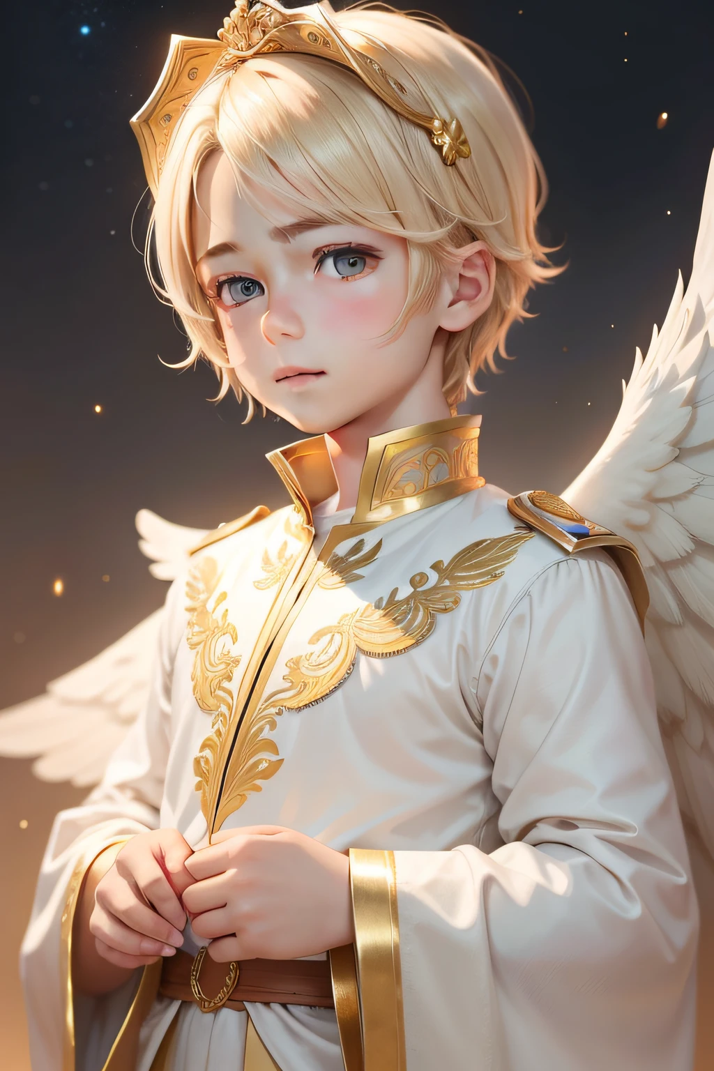 dull hair cute blonde eyes shota cute sex extremely high detail photo realistic sky hairstyle handsome boy small round chin gorgeous clothes luxury rich gold
Rich background prince, round headband, angel, wings, sky