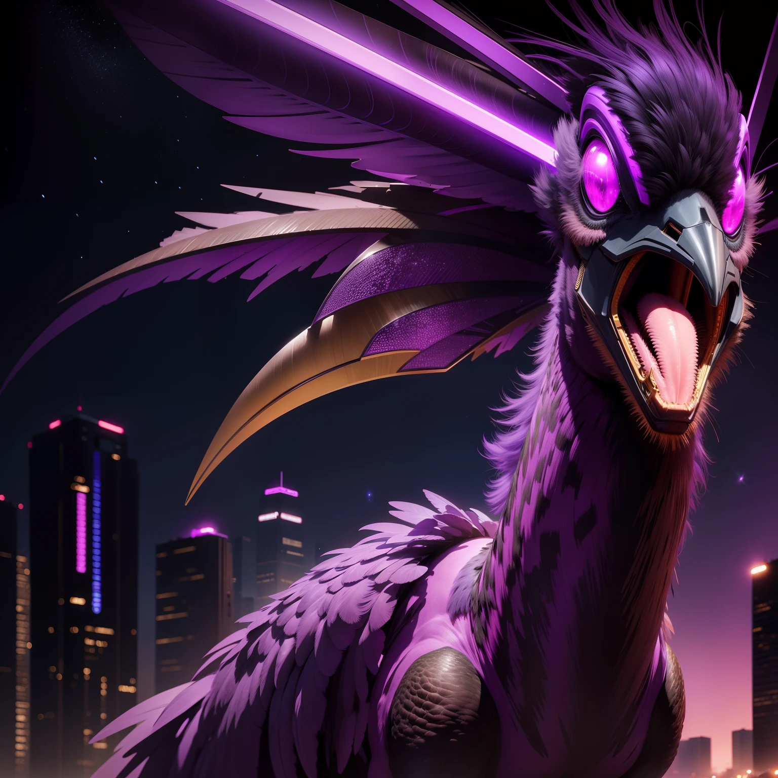 Make Ostrich hybrid purple neon, metade homem,nave espacial, combate,fogo,noite, planetas, staff give gold,scify