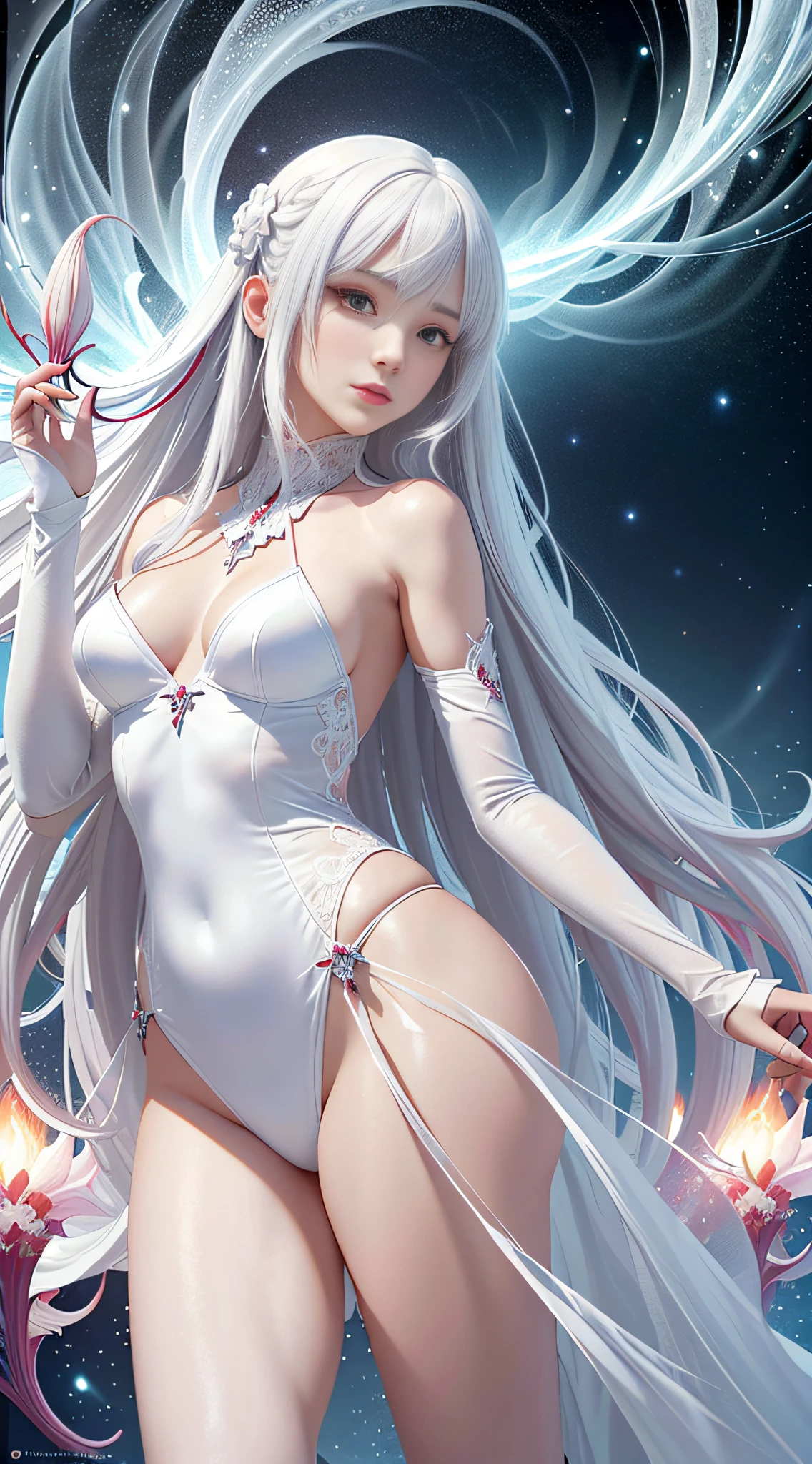 realisticlying,(tmasterpiece,top Quority,best qualtiy,offcial art,Beauty and aesthetics:1.2),The is very detailed,s fractal art,Colorful,Most detailed,zentangle,(abstract backgrounds:1.5)(1girll:1.3),Kamimei,White color hair,(luminous red eyes),mistic,(magia),Ice and snow,((amaryllis)),Hades,hell