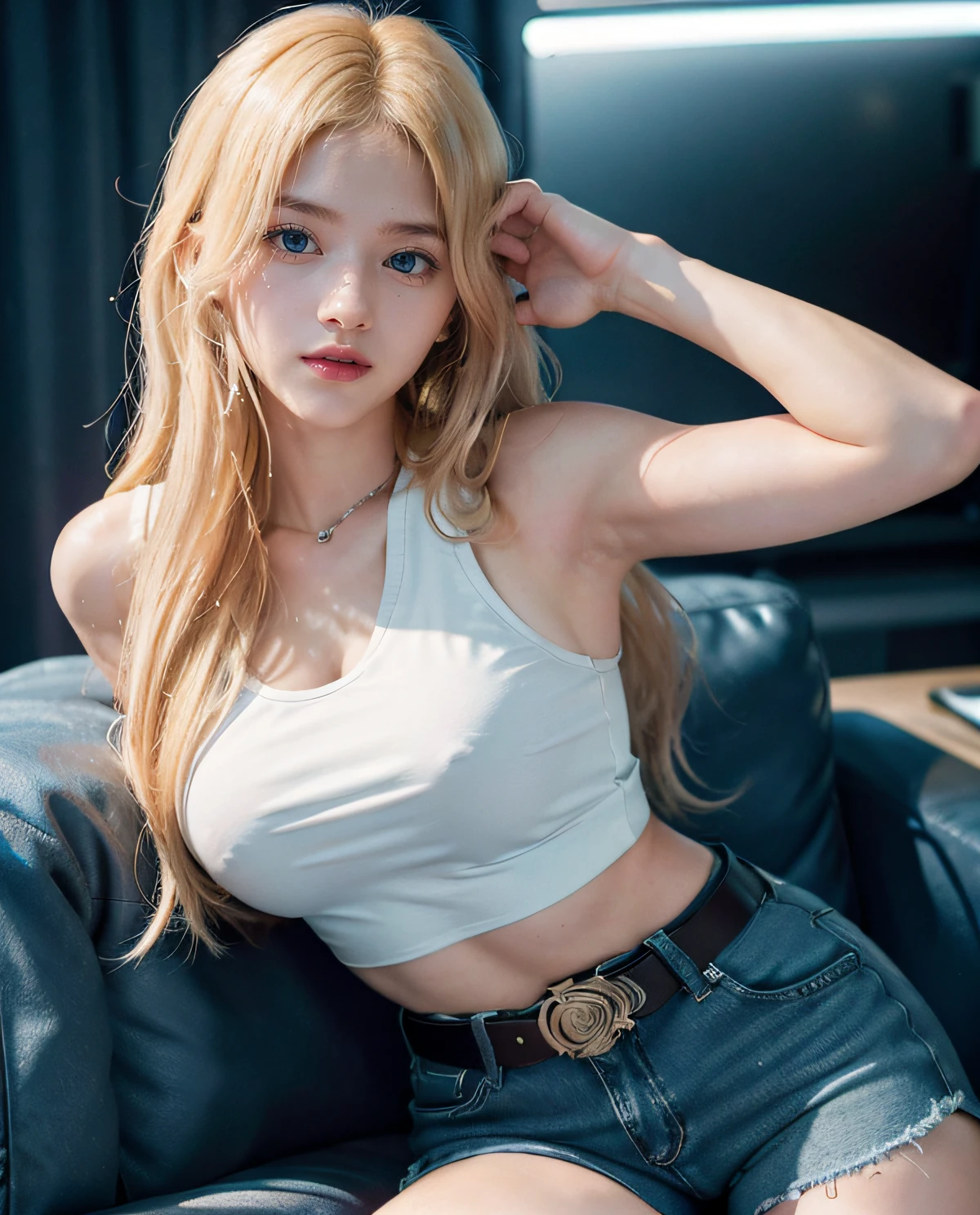 1girl, (Blue Eyes), happy face, ((Sana Minatozaki)), wide hips, Big Boobs, big ass, (Best Quality, 8k, Masterpiece: 1.3)) ) , Clear Focus: 1.2, Perfect Body Beauty : 1.4, Slender Abs: 1.2, Wet Body: 1.5, Highly detailed face and skin texture, detailed eyes, double eyelids, (long blonde hair), (tanktop and [Hot Pink jacket]), (shorts jeans and belt), (sneakers), standing posing for the camera, in a modern living room with neon lights
