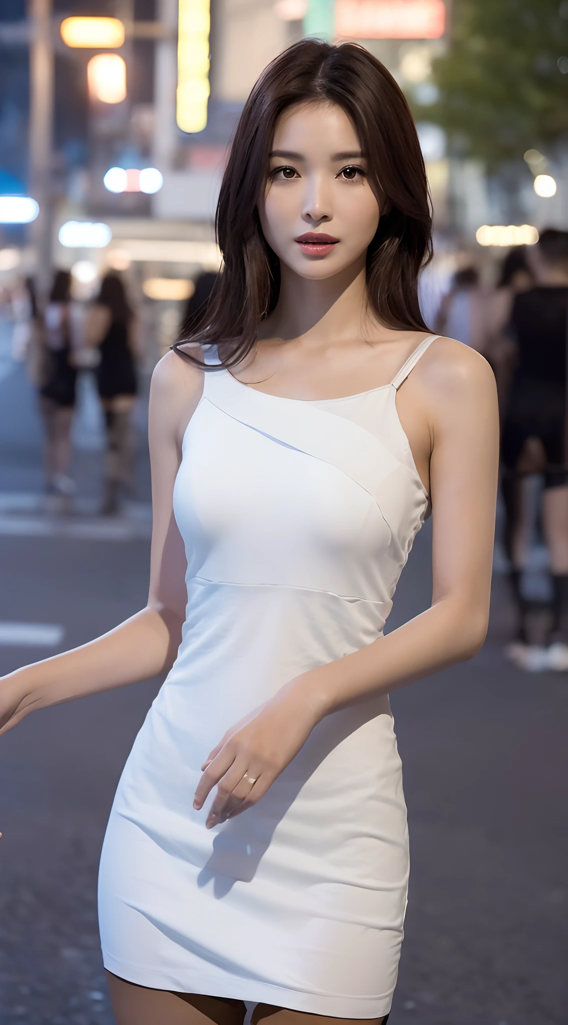 ((Realistic lighting, best qualtiy, 8k, tmasterpiece:1.3)), sharp fokus:1.2, 1girl, Beautiful Women with Perfect Figure:1.4, huge tit, your ass,Slim abs:1.1, ((dark brown hair)), (White body-fitting dress:1.4),(exteriors,during night:1.1),the city street,Ultra-fine face,Fine eyes,二重まぶた,(Knee-length black stockings:1.5)