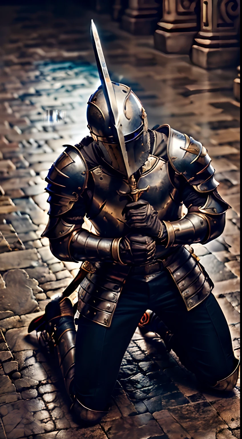 Kneeling knight praying looking up at the sky, sword nailed to the ground and background blurred (obra-prima) (8k high resolution) (melhor qualidade) (Ultra Definition) (Ultra realista)(Foto RAW) (Foto realista) (bright illumination)