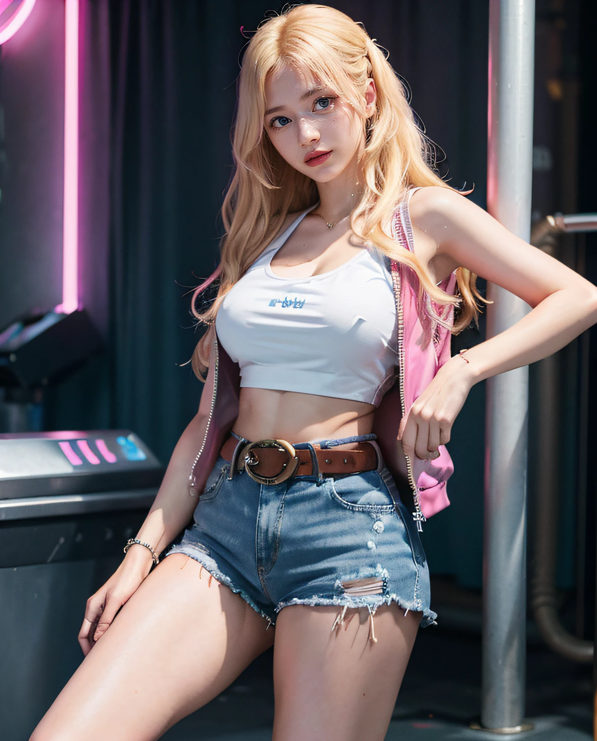 1girl, (Blue Eyes), happy face, ((Sana Minatozaki)), wide hips, Big Boobs, big ass, (Best Quality, 8k, Masterpiece: 1.3)) ) , Clear Focus: 1.2, Perfect Body Beauty : 1.4, Slender Abs: 1.2, Highly detailed face and skin texture, detailed eyes, double eyelids, (long blonde hair), (tanktop and [Hot Pink jacket]), (shorts jeans and belt), (sneakers), standing posing for the camera, in a disco with neon lights