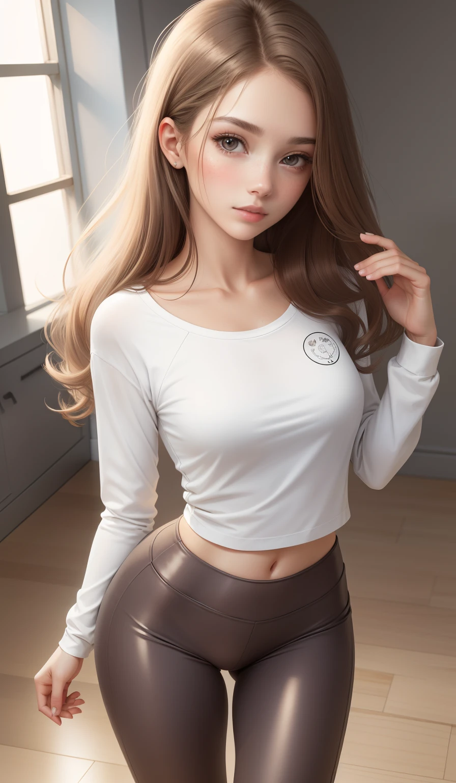 a woman wearing casual clothing, ((white long sleeve T-shirt)), ((leggings)) , sports shoes, 17 years old, adult face, shoulder length slightly wavy hair, (( ash brown hair )) and gleaming detailed vibrant golden coloured eyes, slim frame, long legs, beautiful face, medium butt size, small feet size, small hand size, perfect hands, scary face, beautiful face, pretty face, hot woman, British woman, cream skin, small soft pink lips , medium breast size, sharp features, slim hourglass figure, ashen hair, soft features, standing pose