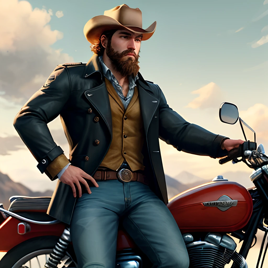 Western cowboy，Arthur Morgan，Driving a motorcycle，White dorsal head，Beard，Long shabby black trench coat，Shabby jeans，