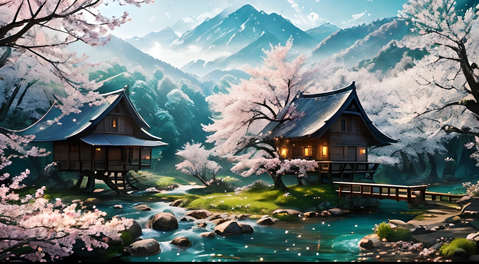 awardwinning, concept-art, fine art, epic fantasy digital art, bird's eyes view,Cinematic lighting,Downward view,super wide shot,Viewing angle from afar,depth of fields,The beauty of an idyllic country fairy tale,((waterfallr)),Quaint, Picturesque, Rustic, Rice paddies in spring,Open rice fields,((ricefield;1.7)), ((Peach blossom tree)), ((Small rivers:1.4)), ((wood bridges)),((The tree house is connected to the tree house by a wooden bridge)), Epic, ((Cinematic lighting)), High quality, High contrast, Realistic lighting,4K textures, photolab, hdr, ((iintricate)), elegant, Highly detailed, Sharp focus, insanely details, Intricate details, ultra - detailed, Harsh movie light, Outdoor atmosphere,tmasterpiece,best qualtiy,(Very detailed CG unity 8K wallpaper),(best qualtiy),(Most Best Illustration),(Best shadow),Natural elements in idyllic rural theme。Mysterious idyllic countryside,Beautiful idyllic countryside,naturey,surrounded by flower,nature elements),(Idyllic country theme),,3D, Ray traching,A secluded utopia。A clear stream winds through a valley of blooming peachtrees。Tree house in the woods,Live a peaceful life。in the background,The misty mountains are a barrier to the outside world。The sunrise depicts the serene scene in gold and pink tones。This scene exudes an air of tranquility,Depicting the harmony between man and nature。