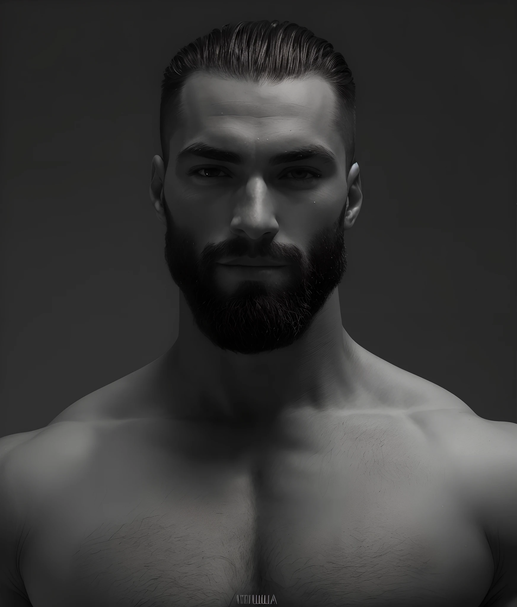 Homem com barba e barba posando para foto em preto e branco, strong masculine features, strong facial features, maxilar forte, Retrato de muscular, rosto e corpo extremamente detalhados, Retrato de Zeus acidentado, Retrato de um homem musculoso, portrait of a muscular, Homem extremamente detalhado, homem intimidador, maxilar cinzelado, muscular character, mostrando uma pirula vermelha em sua mao esquerda e na direita mostrando uma pirula azul