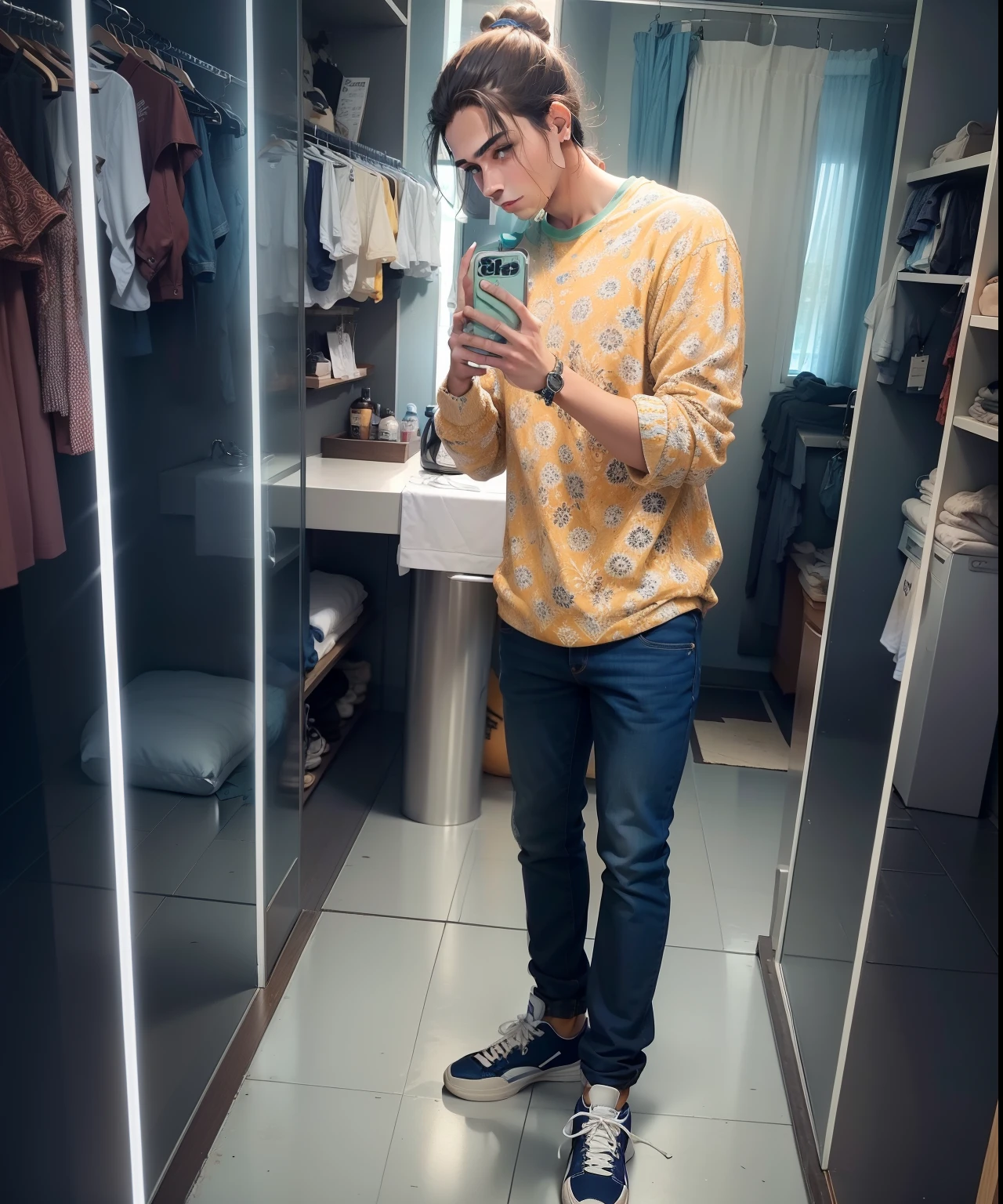 Adolescente branco de 18 anos, olhos expressivos, magro, cabelos castanhos ondulados, camiseta vermelha, bermuda jeans azul desfiada, perfect hands, old brown sneakers without socks, realista, ambiente claro, fundo verde liso, estilo ultra realista, sem fundo, corpo inteiro