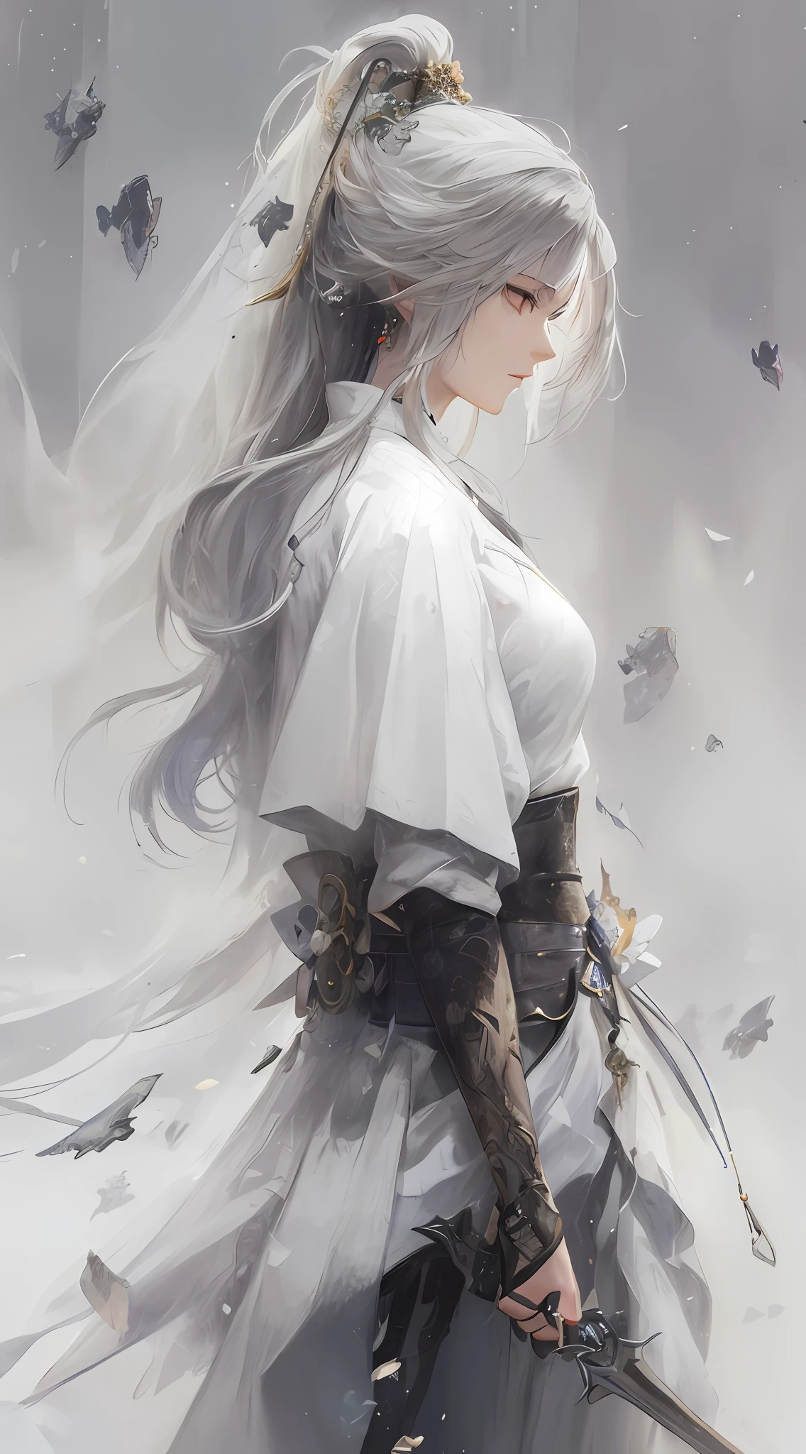 a close up of a woman with a sword in a white dress, a character portrait by Yang J, trending on cgsociety, fantasy art, beautiful character painting, artwork in the style of guweiz, guweiz, white hanfu, flowing white robes, full body wuxia, epic exquisite character art, stunning character art, beautiful female assassin