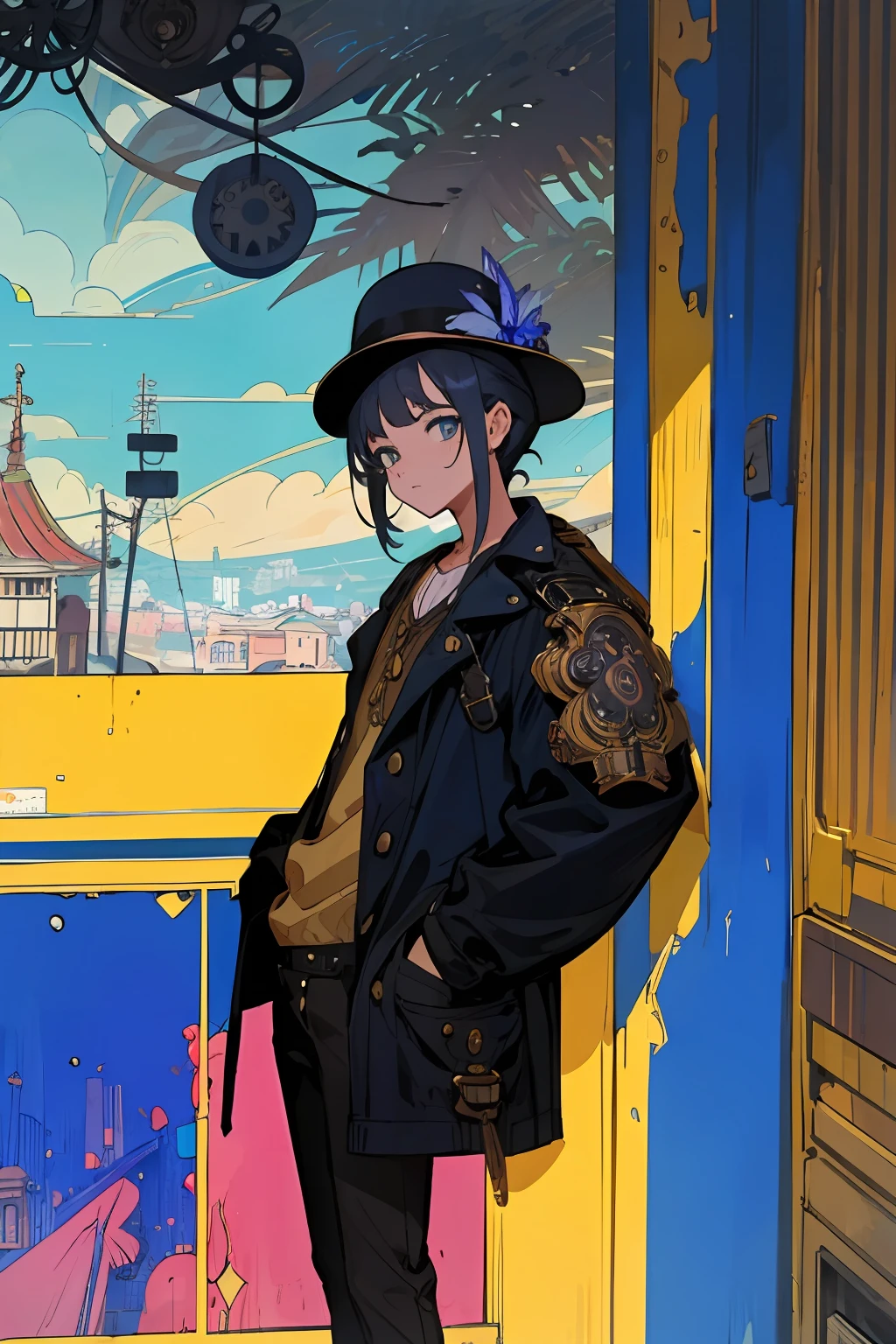 melhor qualidade, papel de parede 4K, obra-prima, extremamente detalhado CG unidade de papel de parede 8k, olhos extremamente detalhados, ultra-detalhado, detalhes intrincados, 1boy, estilo de arte retro, estilo de arte neon_pop, Public, ao ar livre, sinal de estrada, cidade,steampunk,hands in a pocket,cabelo cacheado,cabelo amarelo,banana na testa,dark blue iris,roupas steampunk