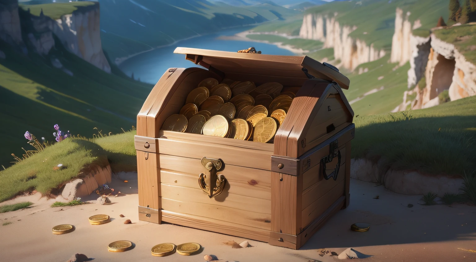 Draw a chest with gold coins in high definition in a beautiful landscape of nature