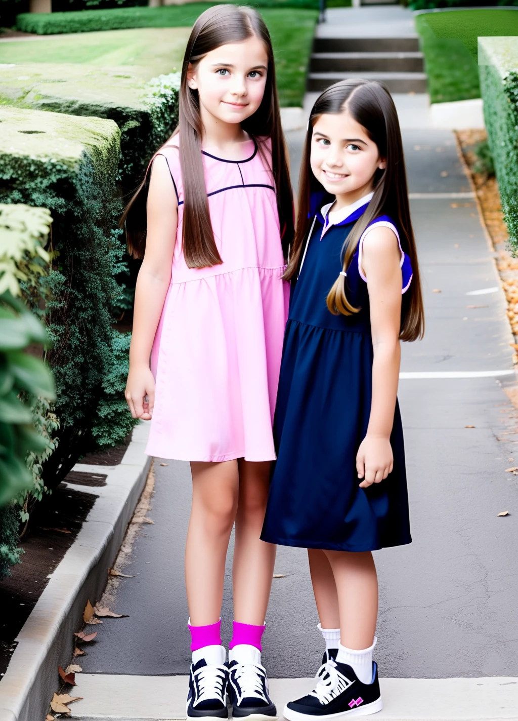 A straight-haired girl tied up wearing a sleeveless 90s dress the dress appears on the girl's legs the girl is going to school accompanied with her younger brother