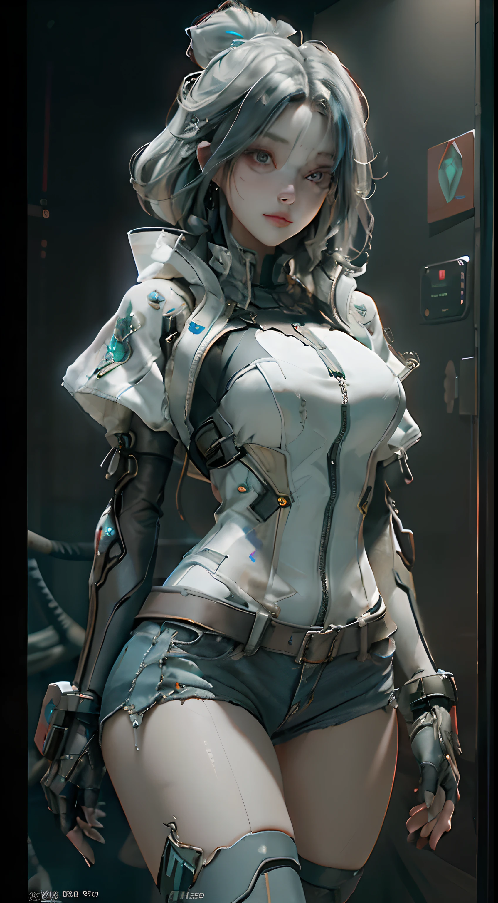 ((best qualtiy)), ((tmasterpiece)), (the detail:1.4), 3D, A beautiful cyberpunk female image,HDR（HighDynamicRange）,Ray traching,NVIDIA RTX,Super-Resolution,Unreal 5,Subsurface scattering、PBR Texture、post-proces、Anisotropy Filtering、depth of fields、maximum definition and sharpness、Many-Layer Textures、Albedo e mapas Speculares、Surface Coloring、Accurate simulation of light-material interactions、perfectly proportions、Octane Render、Two-colored light、largeaperture、Low ISO、White balance、the rule of thirds、8K RAW、exposing thighs，Wear shorts