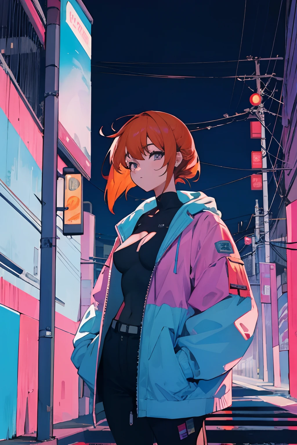 melhor qualidade, papel de parede 4K, obra-prima, extremamente detalhado CG unidade de papel de parede 8k, olhos extremamente detalhados, ultra-detalhado, detalhes intrincados, 1girl, estilo de arte retro, estilo de arte neon_pop, Public, ao ar livre, sinal de estrada, cidade,biopunk,hands in a pocket,cabelo cacheado,orange hair,dark blue iris,middlebreasts,