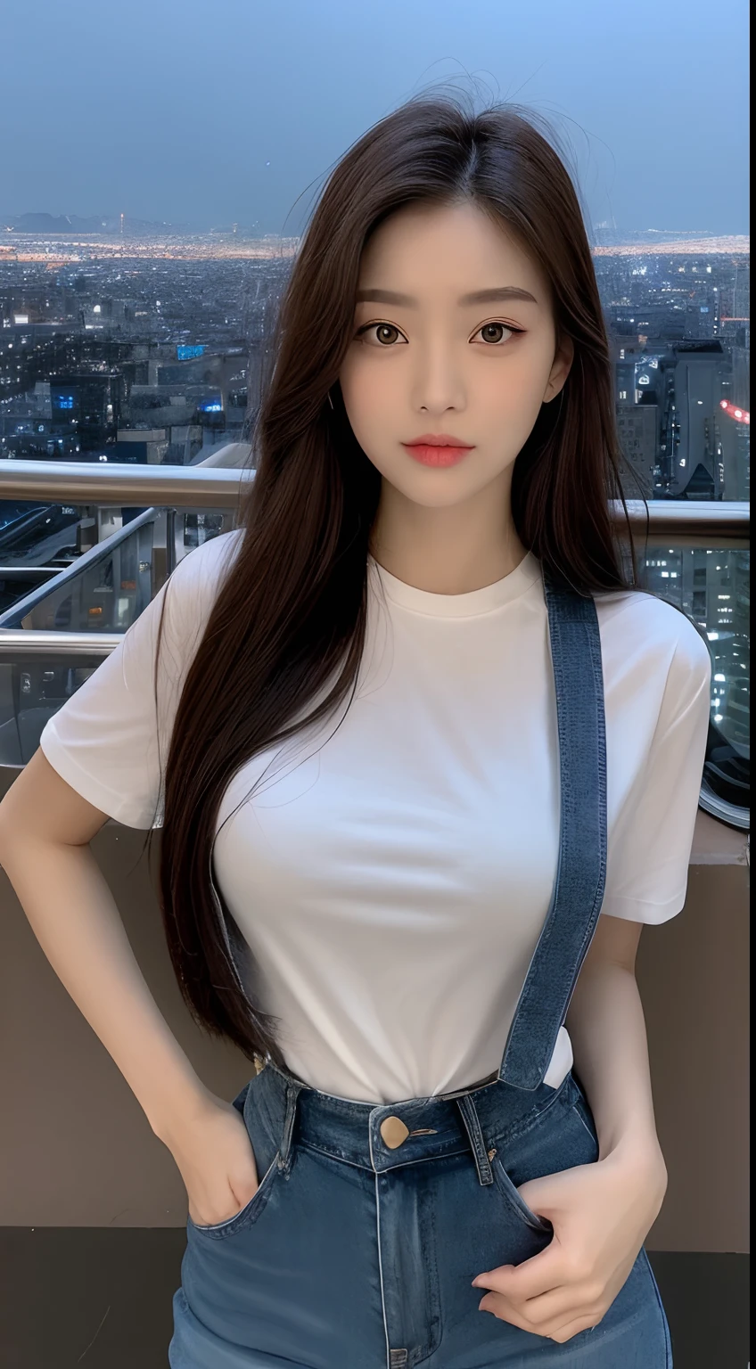 ((Midnight, Best quality, 8k, Masterpiece :1.3)), Whole body, Long legs, Sharp focus :1.2, A pretty woman with perfect figure :1.4, Slender abs :1.1, ((Dark brown hair, Big breasts :1.2)), (White tight tshirt, Jean bib, Standing:1.2), ((Night city view, Rooftop:1.3)), Highly detailed face and skin texture, Detailed eyes, Double eyelid