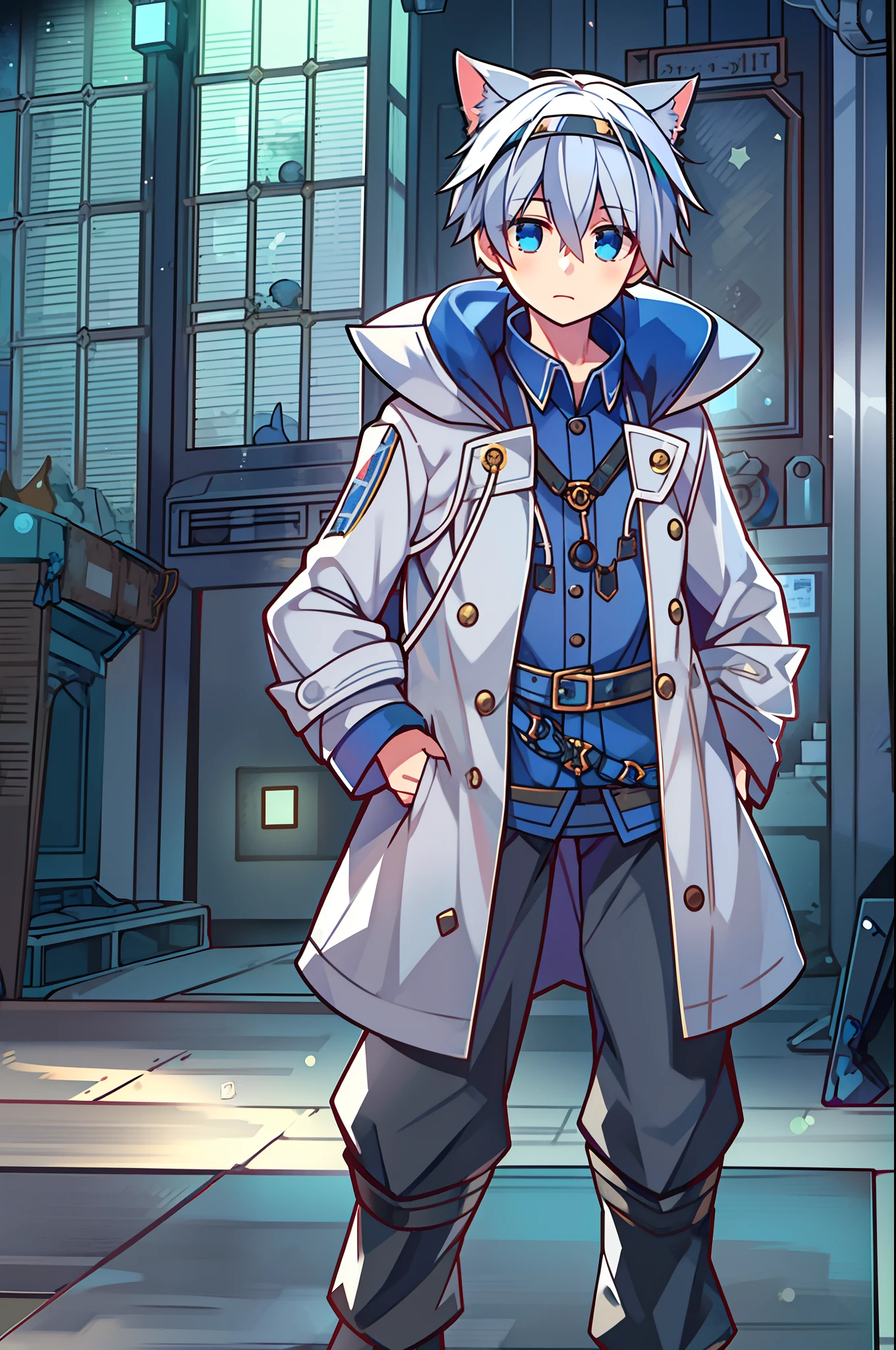 Game CG，8K quality，((younge boy))，Sense of childhood，Anime male protagonist，Cat ears，Silvery-white dye，Blue dye，Hooded trench coat，Uniform trousers，Heavy machine boots，enchanter