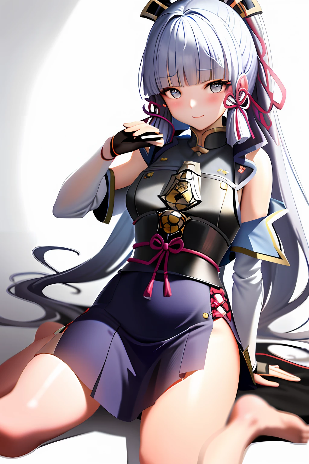 tmasterpiece，A high resolution，best qualtiy，1girl solo，Kamisato_Ayaka，Kneeling，cropped shoulders，Bare breasts，bare butts，Leaking out of the thighs，yogurt all over body，The face is red，roll eyes，ssmile，lifting up skirt，Hand masturbation