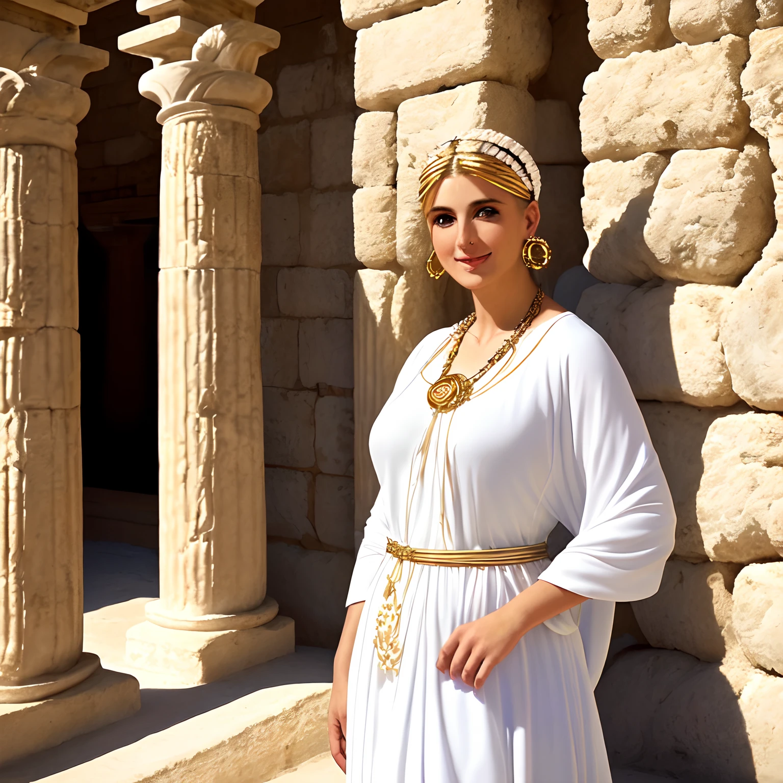 uma mulher bonita, cabelos longos pretos e lisos,  She wears a white Greek tunic, She wears a golden necklace around her neck, He wears earrings made of peacock feather,  uma aura luminosa na cor dourada envolve a pele dela, There is an ancient Greek palace in the background