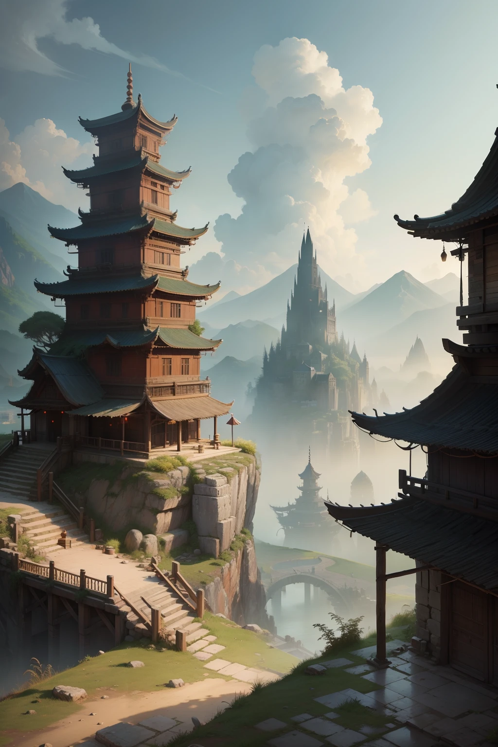 Ancient and rustic city landscape in the style of Chief Chung Wei