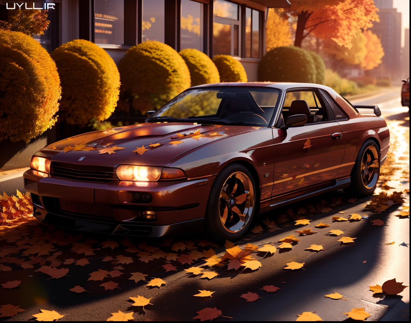 SKYLINER32, sports car parked on a street covered with leaves in autumn in a (city:1.3), fall, global illumination, volumetric lighting, best quality, highly detailed, cgi, illustration, octane render,