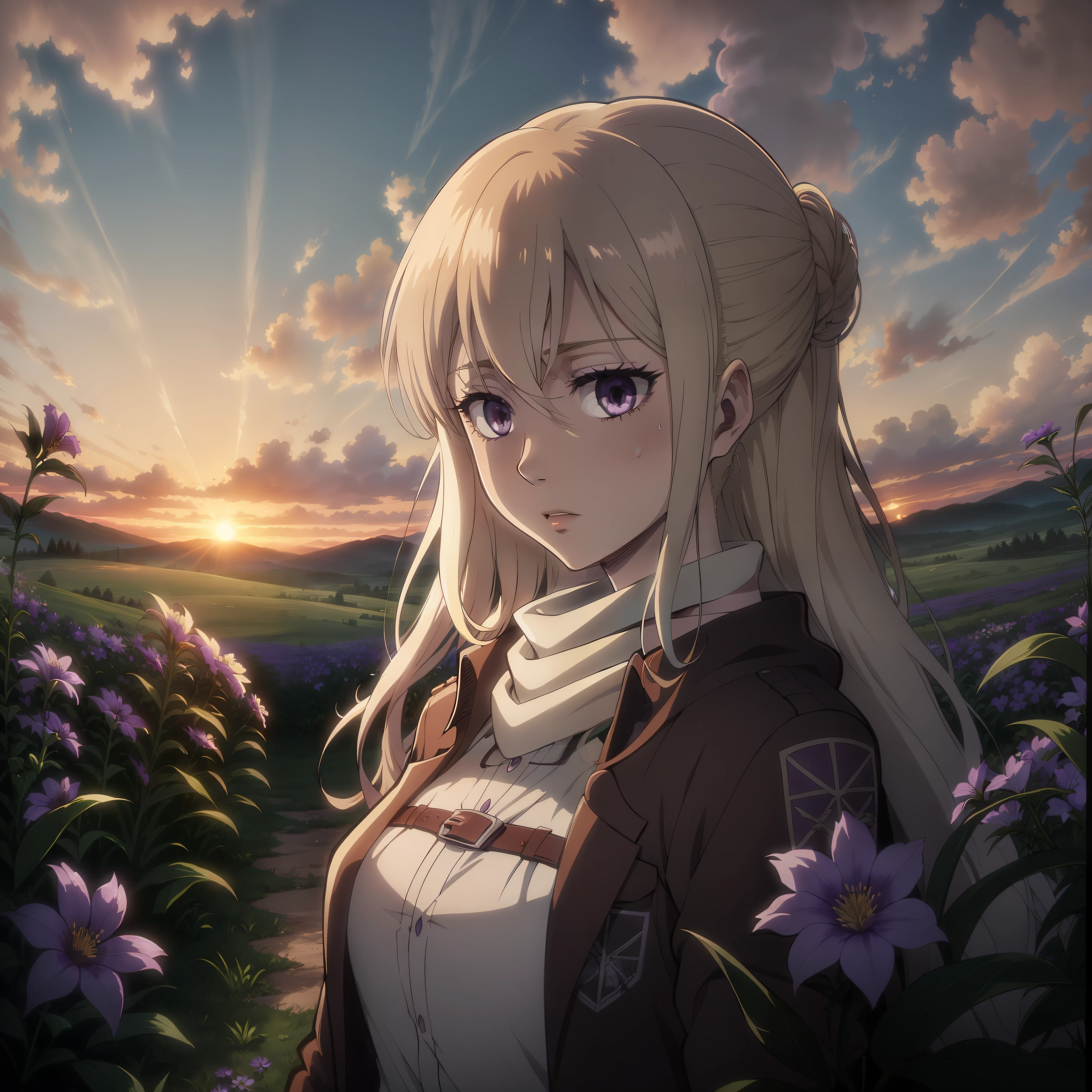 The Albino Woman, long curly hair, violet eyes, Field of flowers, Sunset