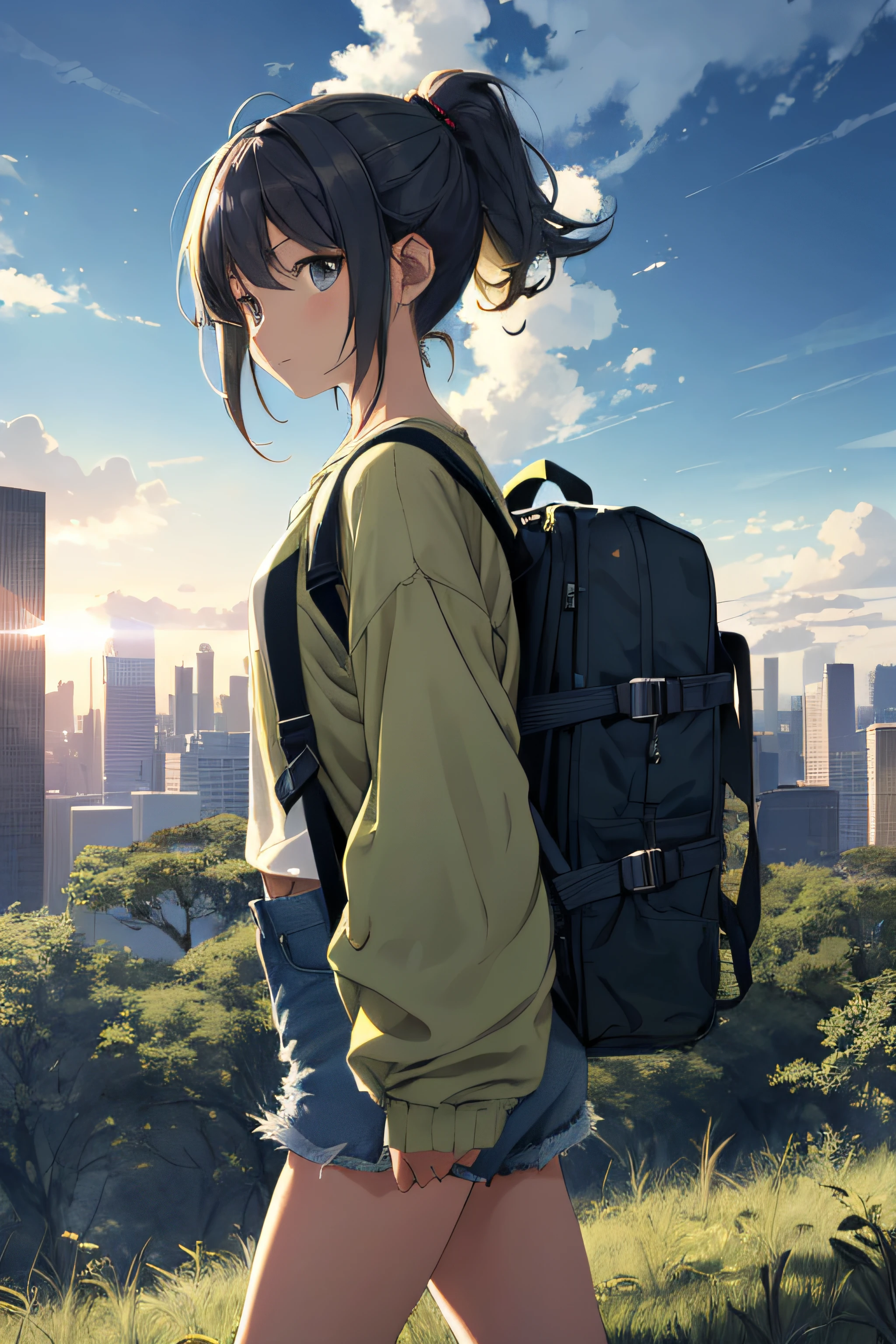 [(Cloud background:1.5),::5] (Isometric:1.0), Vast sky, Beautiful skyline, In a dense forest, extremely tense and dramatic pictures, moving visual effects, the high-hanging Polaris, colorful natural light. Long-sleeved tops, Denim shorts, Girl with a backpack. ponytail hair, Walking figure