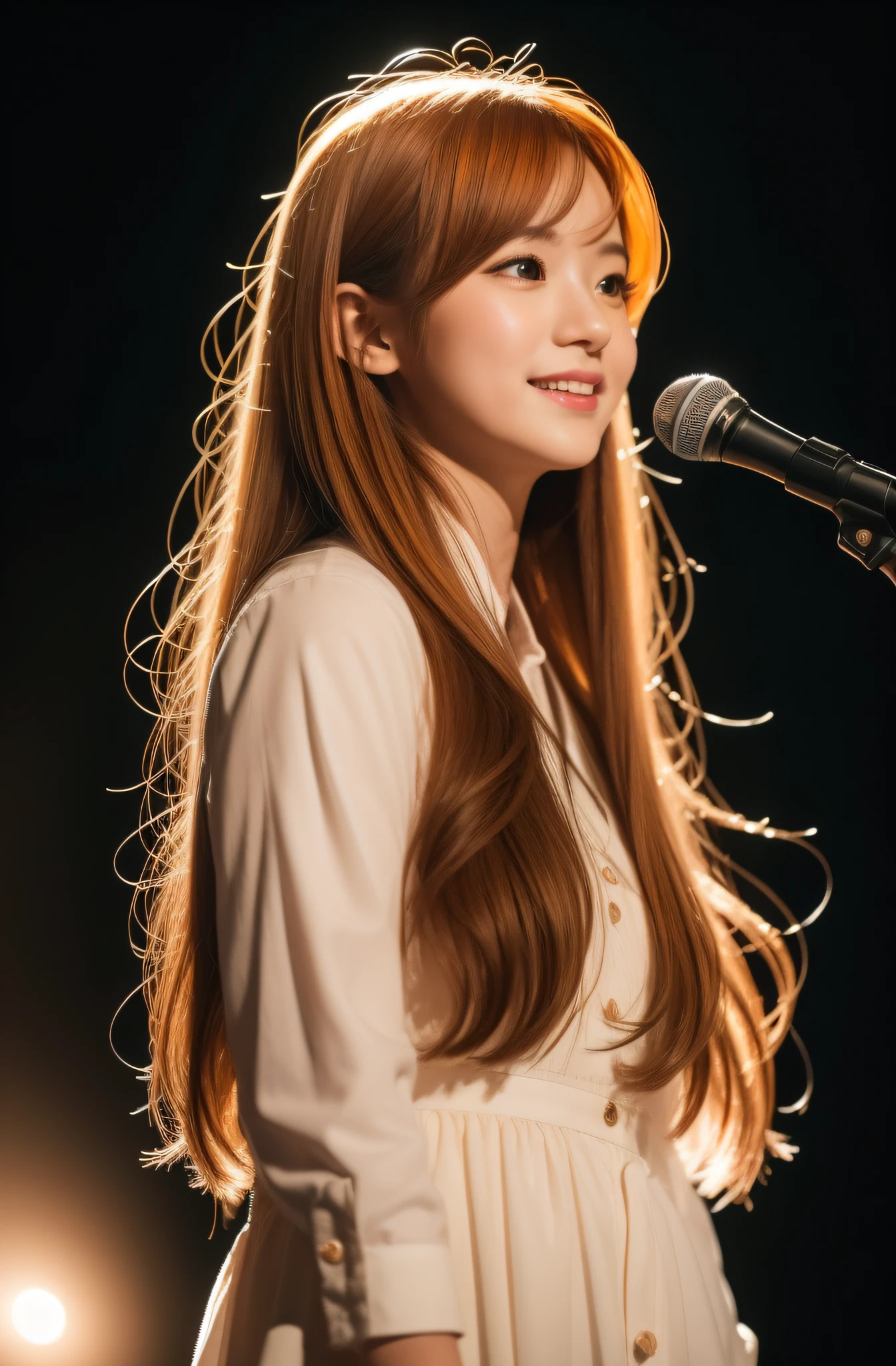 Live Action、kawaii、livestream、a perf、concert、microphone、Bright lighting、stage、Create photorealistic images that capture the essence of idols "Morning Musume", Special attention paid to Maki Goto. The scene should emphasize her tall stature, long, Flowing orange hair, And her radiant beauty. The overall atmosphere should exude elegance and cuteness. The image should be highly detailed, Guaranteed realism. Medium: digital photo. Style: Contemporary portraits with charm. Lighting: Soft, diffused lighting to emphasize her features,,. Colors: warm tones with a predominance of orange to complement her hair,. Composition: captured with a Canon EOS 5D Mark IV DSLR camera, EF 50mm f/1.8 STM lens, Resolution 30.4 megapixels, ISO sensit: 100, Shutter Speed 1/125 sec, Focus on her face and upper body, High sharpness and depth of field. --ar 16:9 - V5.1 --Style raw --Q 2 --S 750