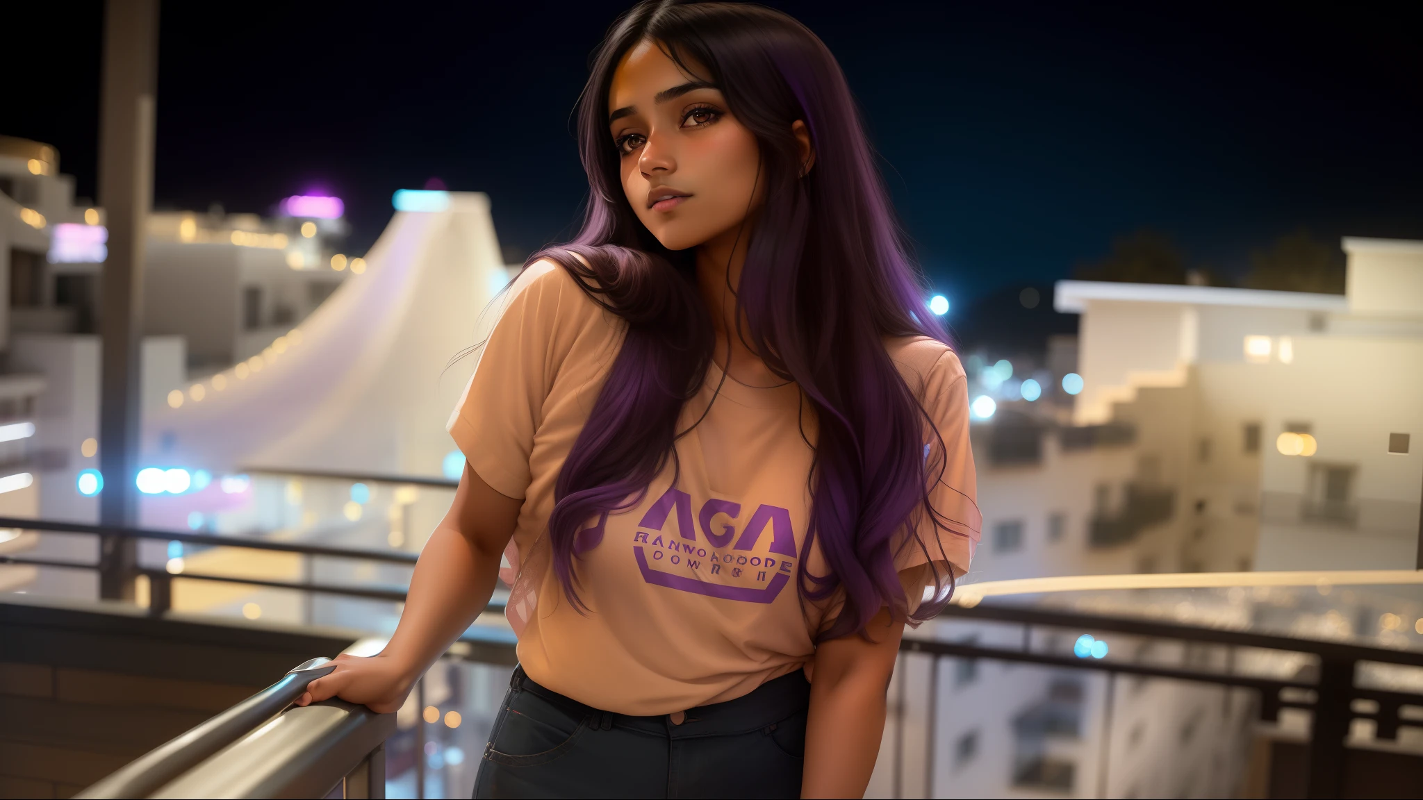 arafed woman with long dark hair standing on a balcony, taken with sony alpha 9, taken with canon eos 5 d mark iv, indian girl with brown skin, violet coloured t-shirt, colored, taken with a canon dslr camera, with beautiful colors, taken with sony a7r camera, taken with a canon eos 5d