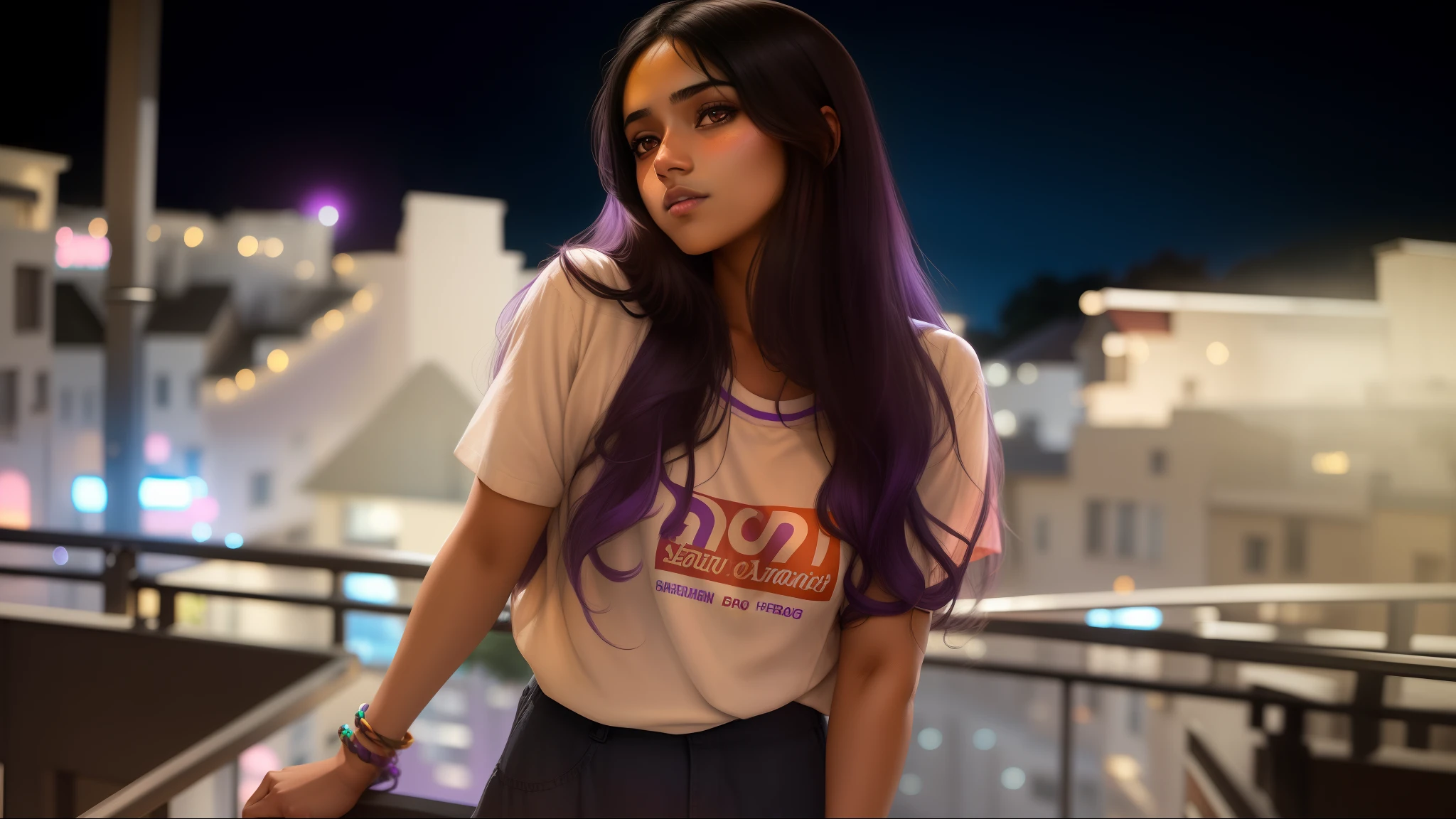 arafed woman with long dark hair standing on a balcony, taken with sony alpha 9, taken with canon eos 5 d mark iv, indian girl with brown skin, violet coloured t-shirt, colored, taken with a canon dslr camera, with beautiful colors, taken with sony a7r camera, taken with a canon eos 5d