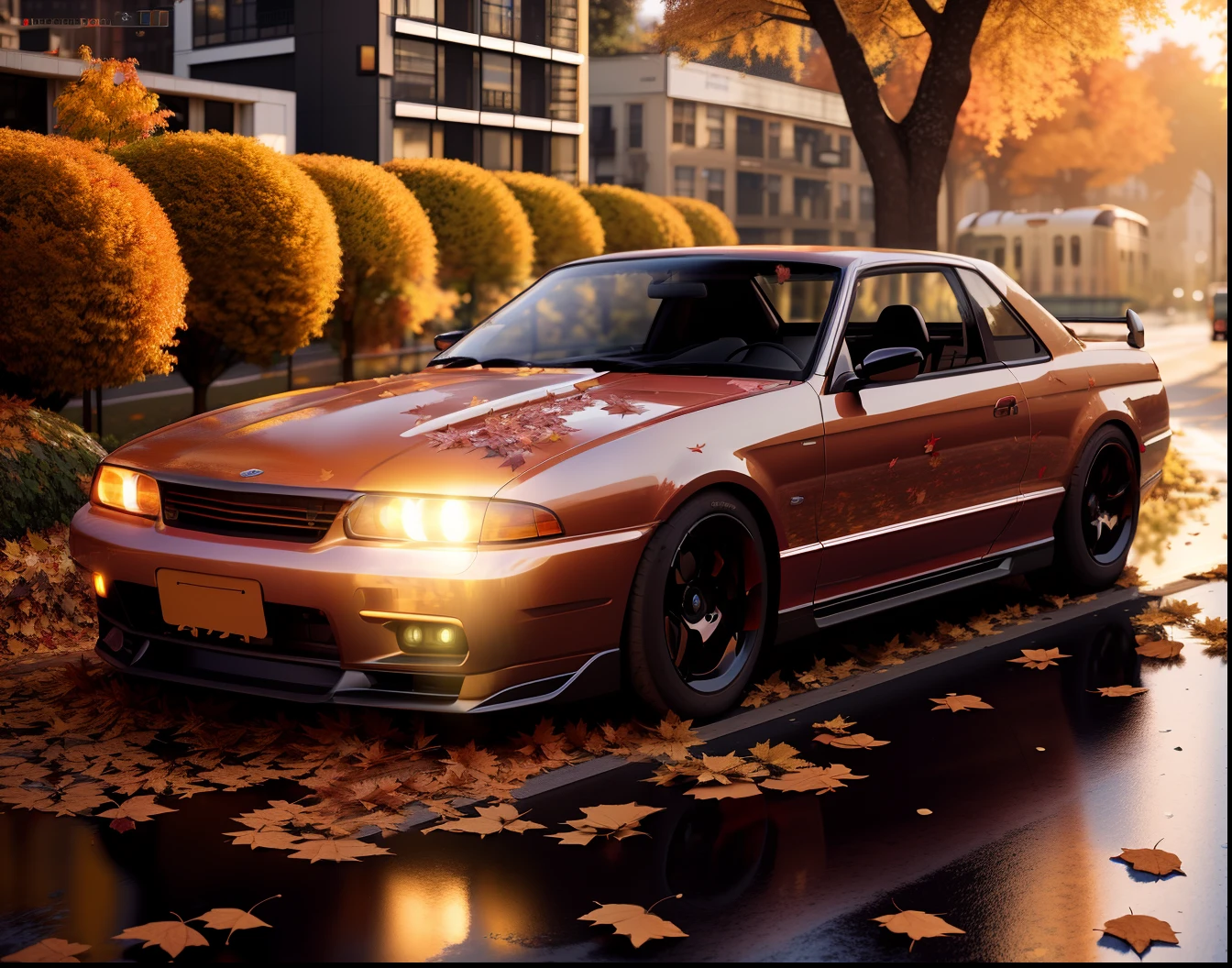 SKYLINER32, sports car parked on a street covered with leaves in autumn in a (city:1.3), fall, global illumination, volumetric lighting, best quality, highly detailed, cgi, illustration, octane render,